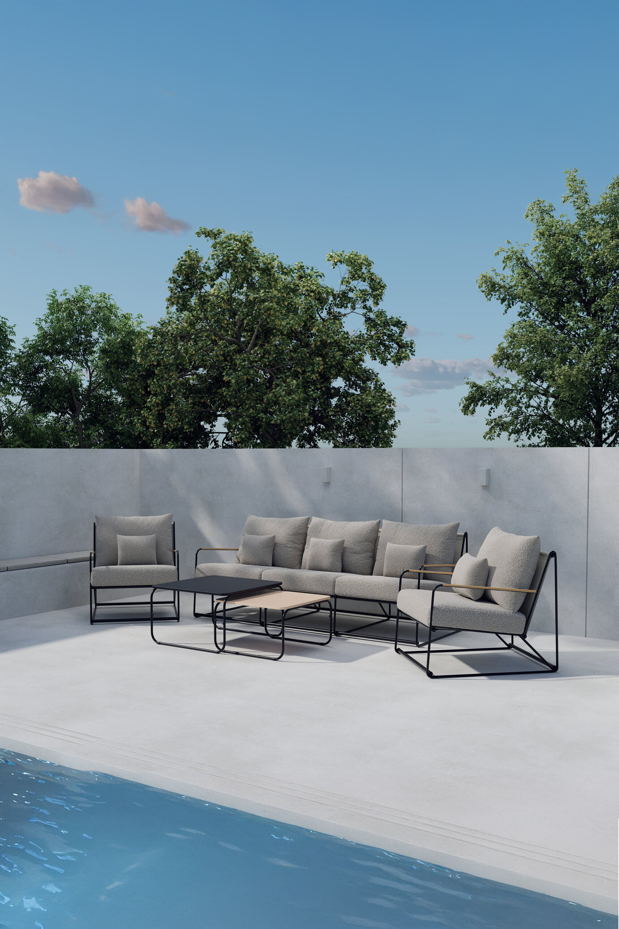 Nohr Loungeset 'Markesha' Bouclé, Met bank, 2 stoelen en 2 tafels, kleur Beige/Zwart