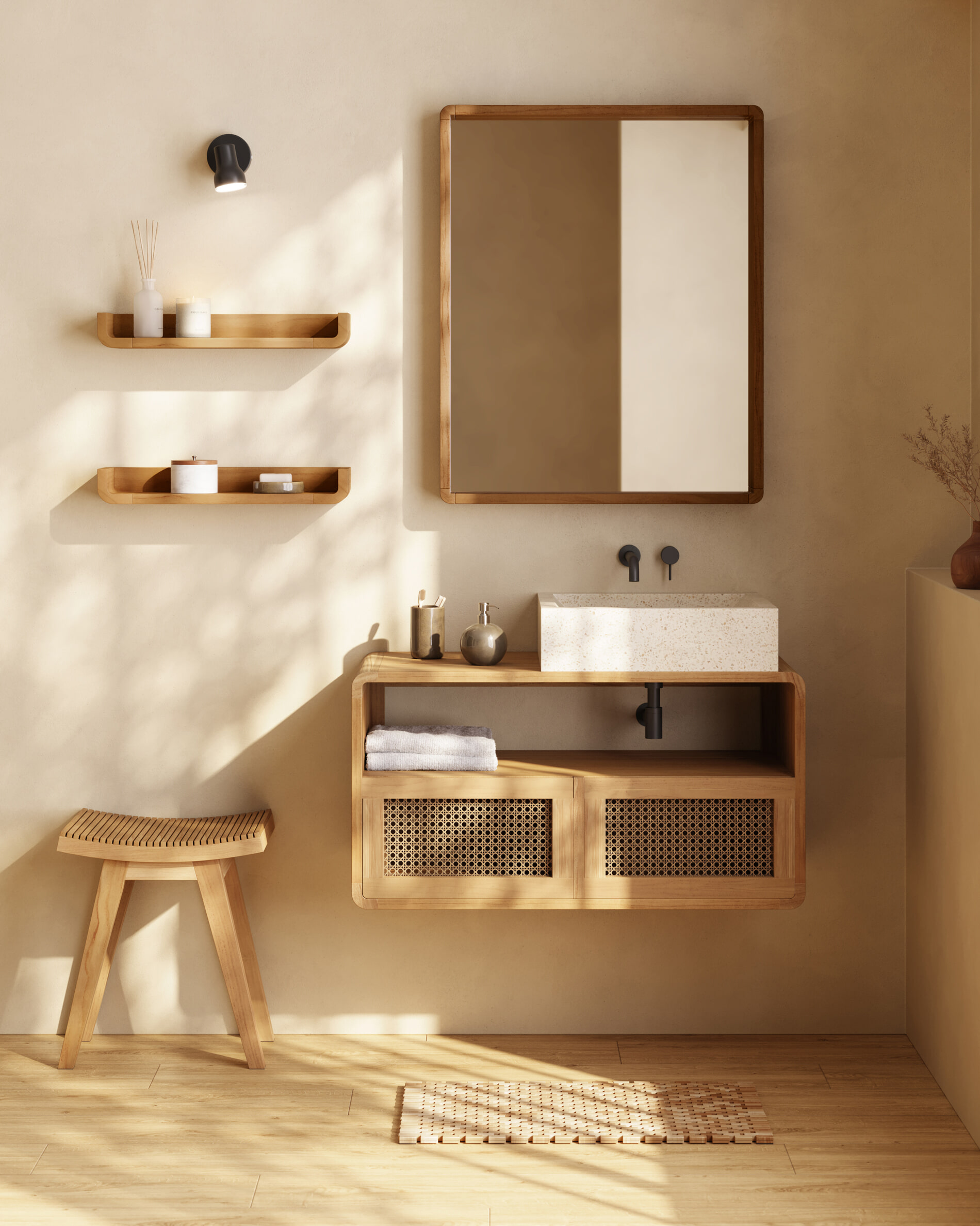 Kave Home Wandplank 'Shamel' Teakhout, Set van 2 stuks, kleur Naturel