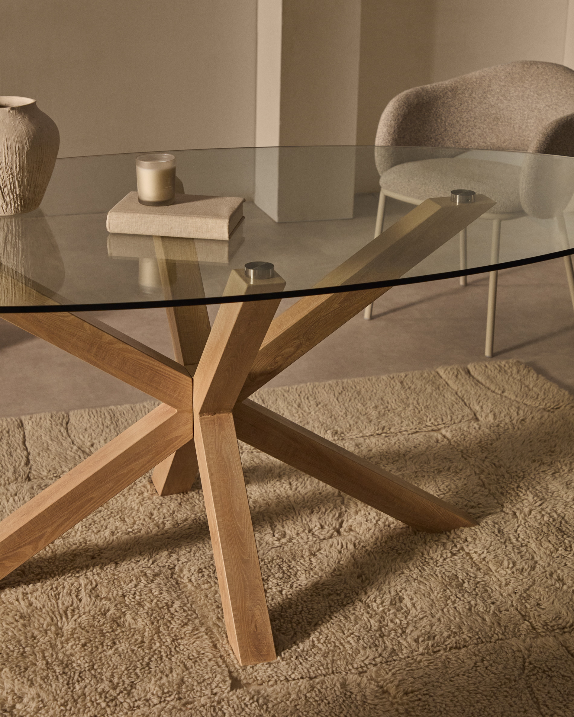 Kave Home Ovale Eettafel 'Argo' Glas en houtlook, 200 x 100cm, kleur Naturel