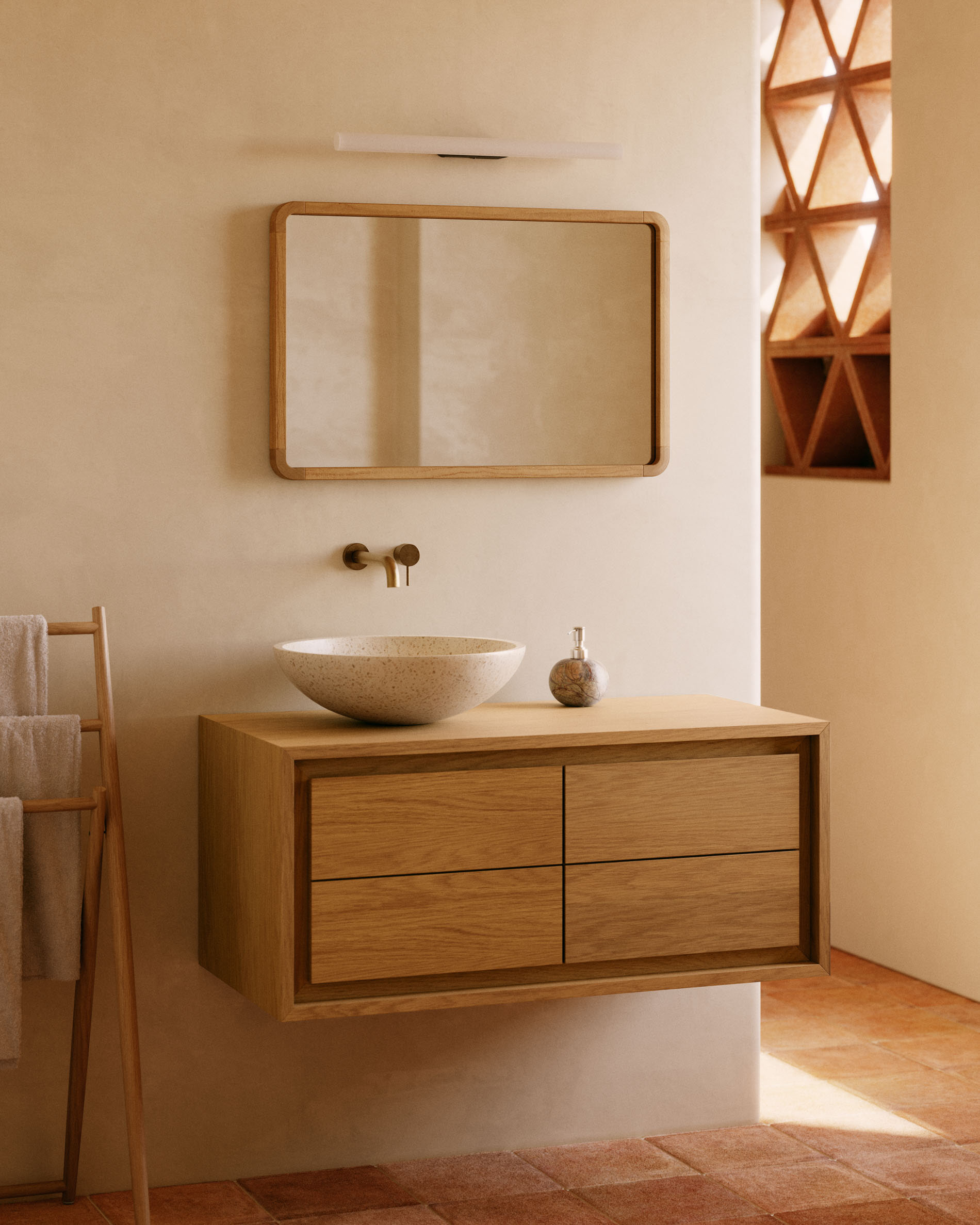 Kave Home Badkamermeubel 'Kenta' Teakhout, kleur Naturel, 90cm (excl. waskom)