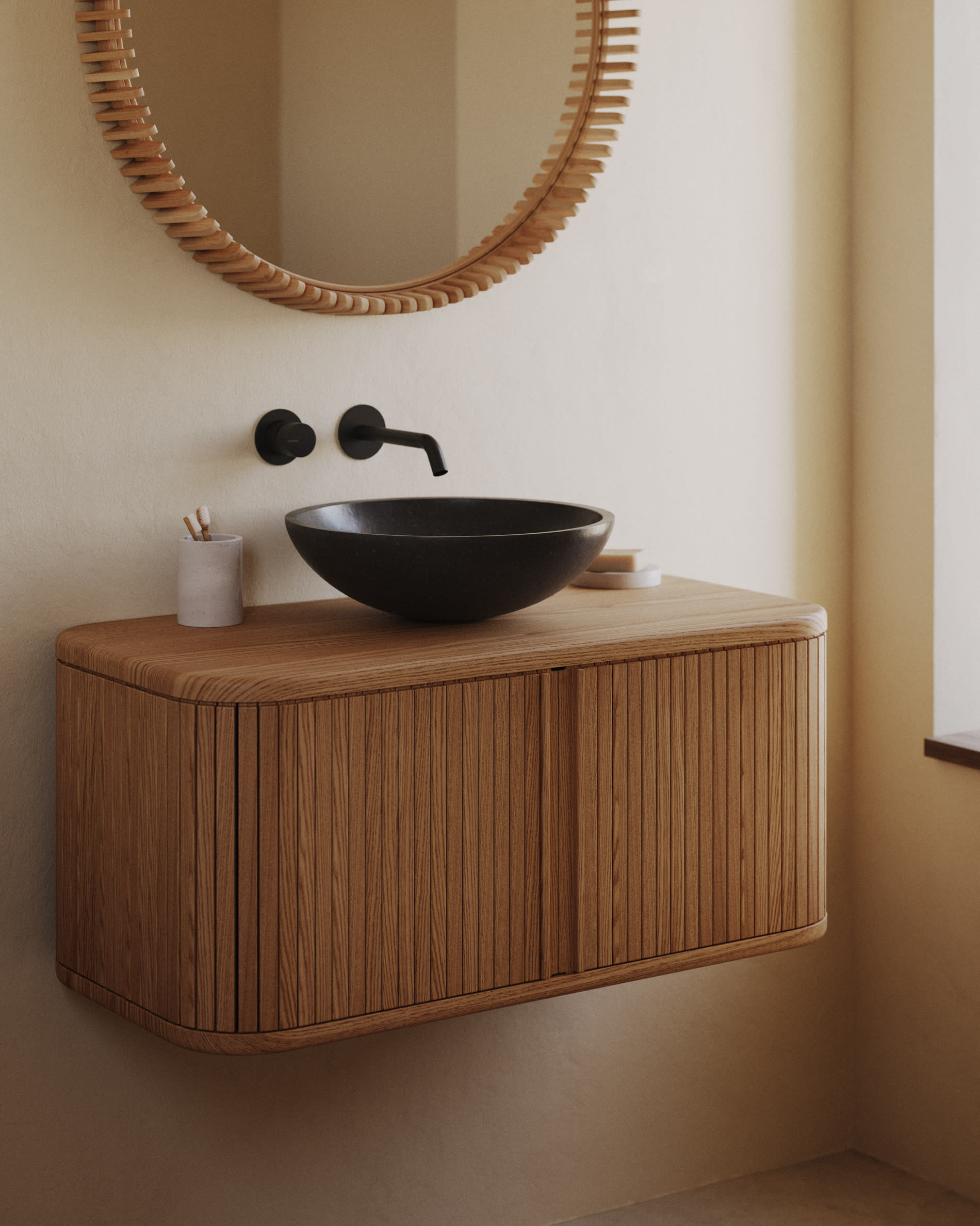 Kave Home Badkamermeubel 'Mailen' Essenhout, 90cm, kleur Naturel (excl. waskom)