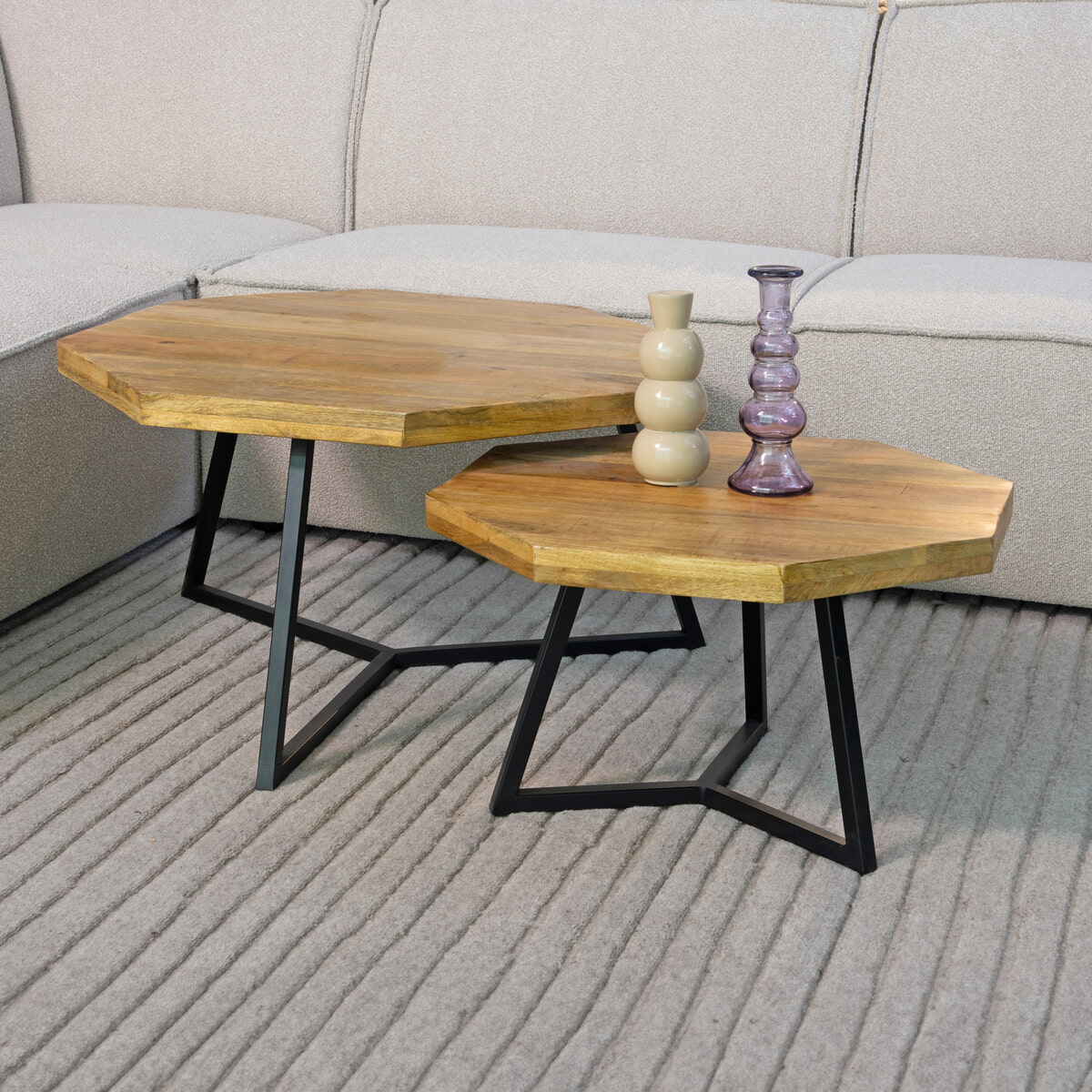LABEL51 Achthoekige Salontafel Figure Set van 2 stuks, Rough Mangohout
