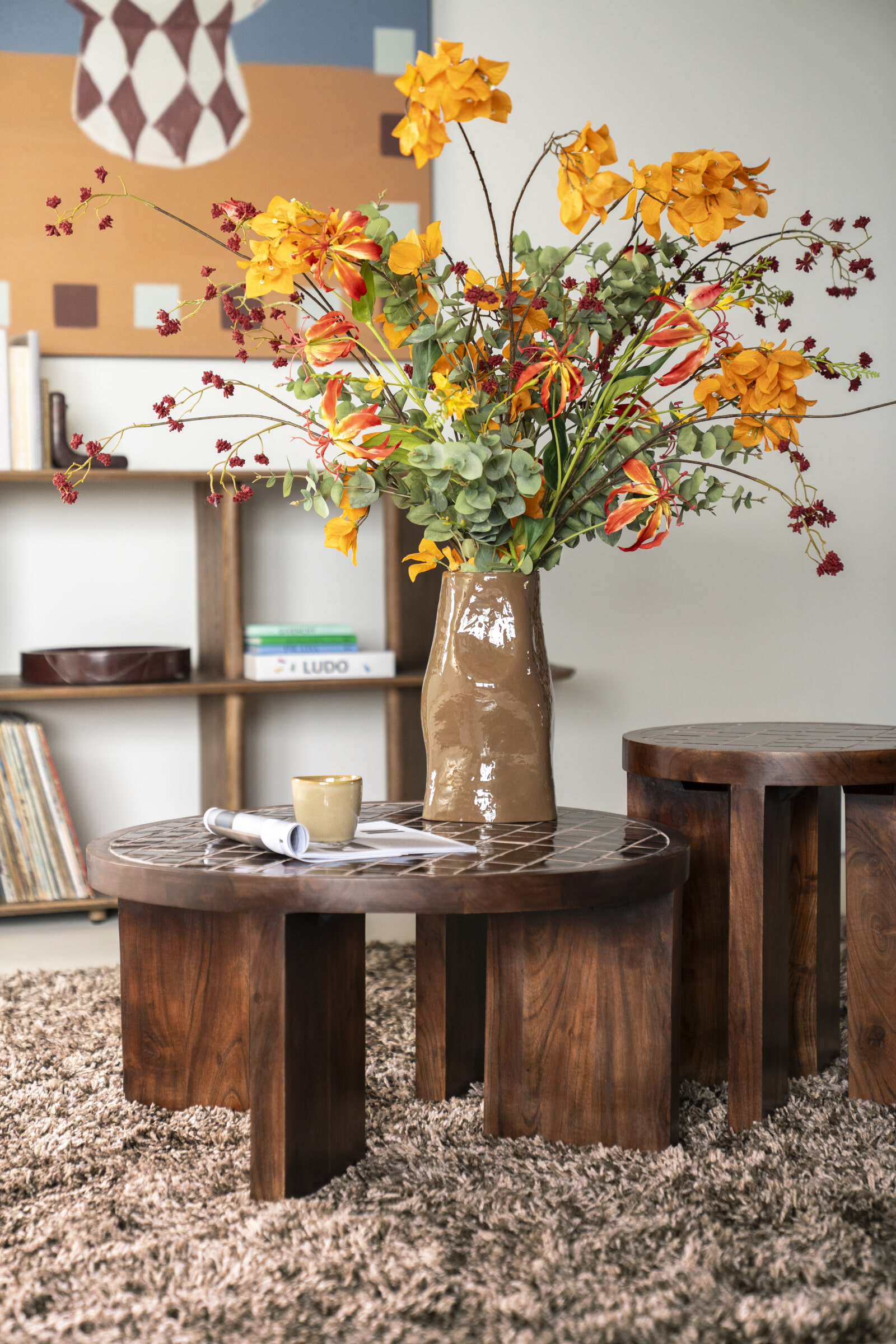 By-Boo Ronde Bijzettafel 'TiledUp' Keramiek en mangohout, 40cm
