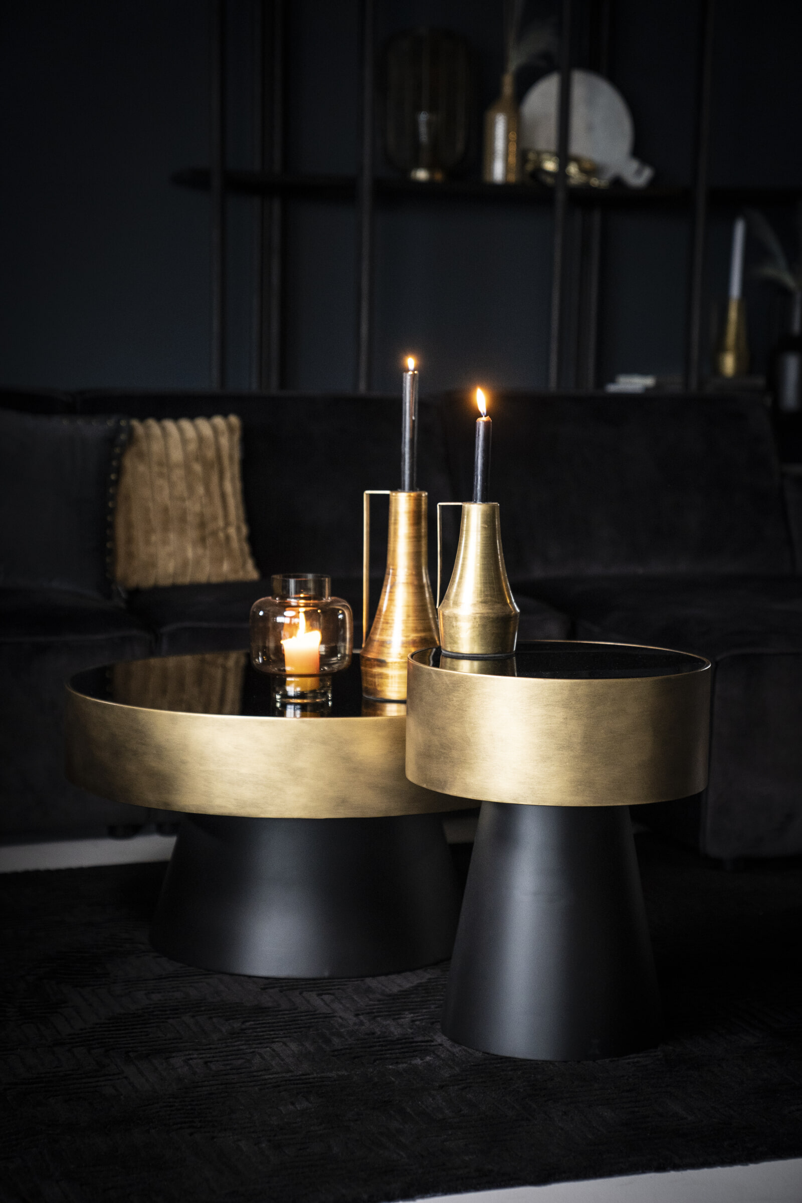 By-Boo Bijzettafel 'Bunga' 40cm zwart/goud met glazen blad