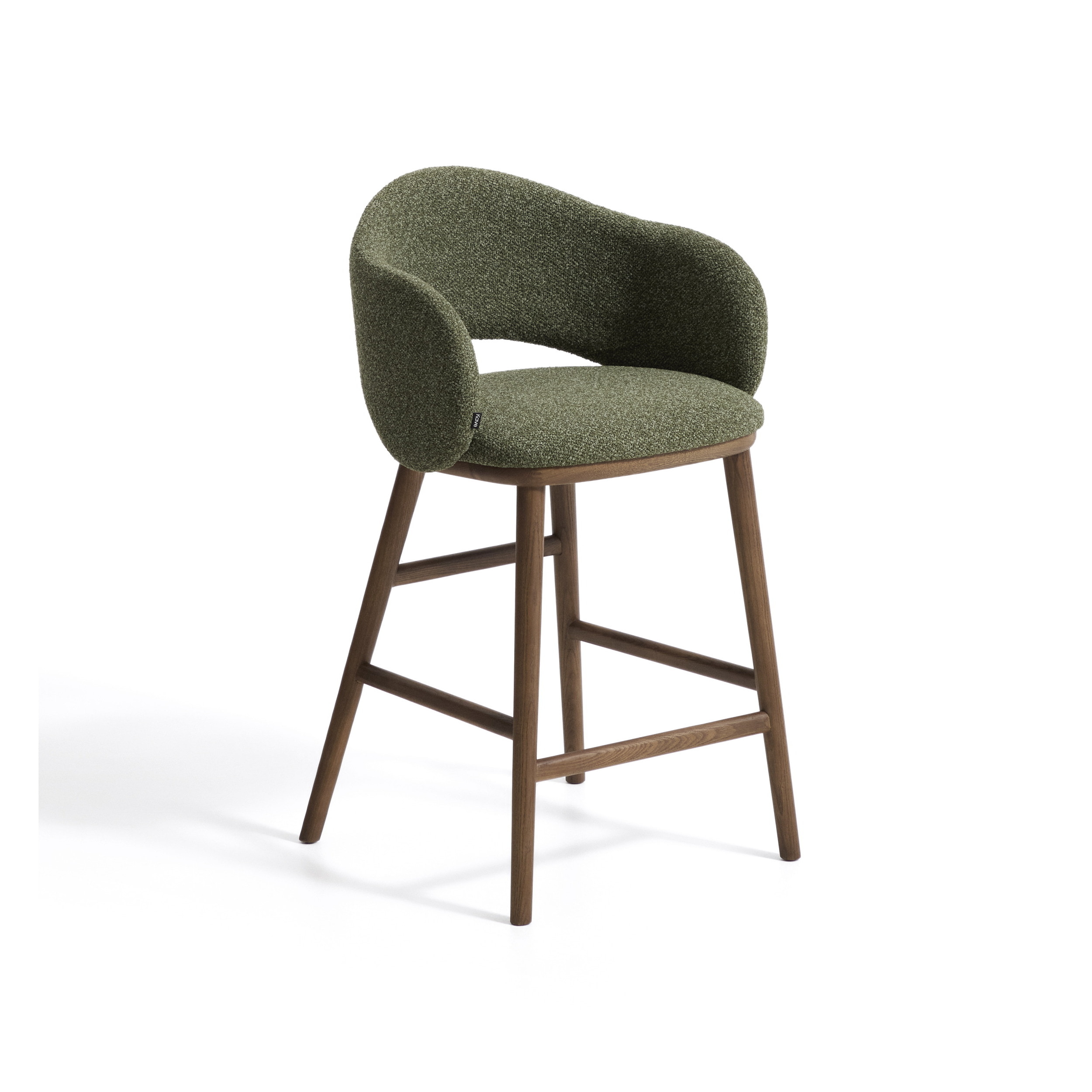 Kave Home Barkruk Maina Chenille en walnootkleurig essenhout - Groen (zithoogte 65cm)