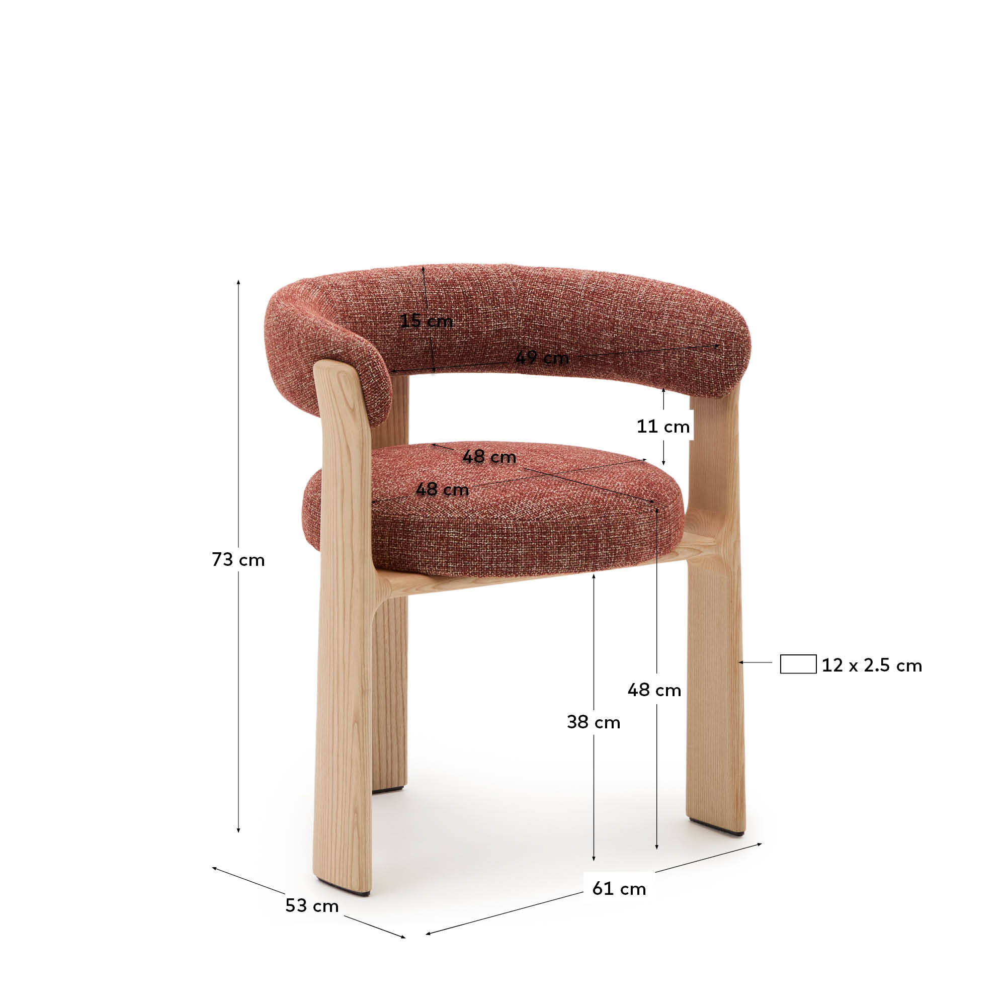 Kave Home Eetkamerstoel 'Granite' Chenille en essenhout, kleur Terracotta/Naturel