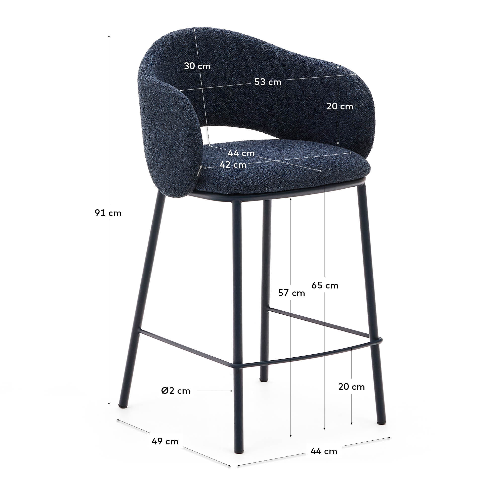 Kave Home Barkruk 'Maina' Chenille, kleur Donkerblauw (zithoogte 65cm)