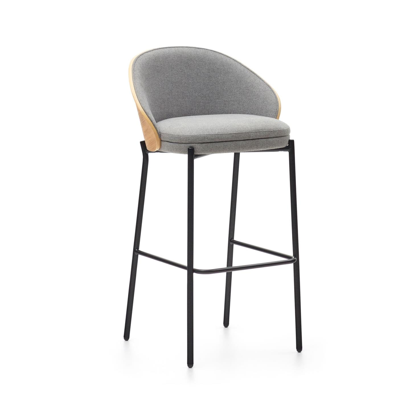 Kave Home Barkruk 'Eamy' Essenhout, kleur Lichtgrijs/Naturel (zithoogte 77cm)