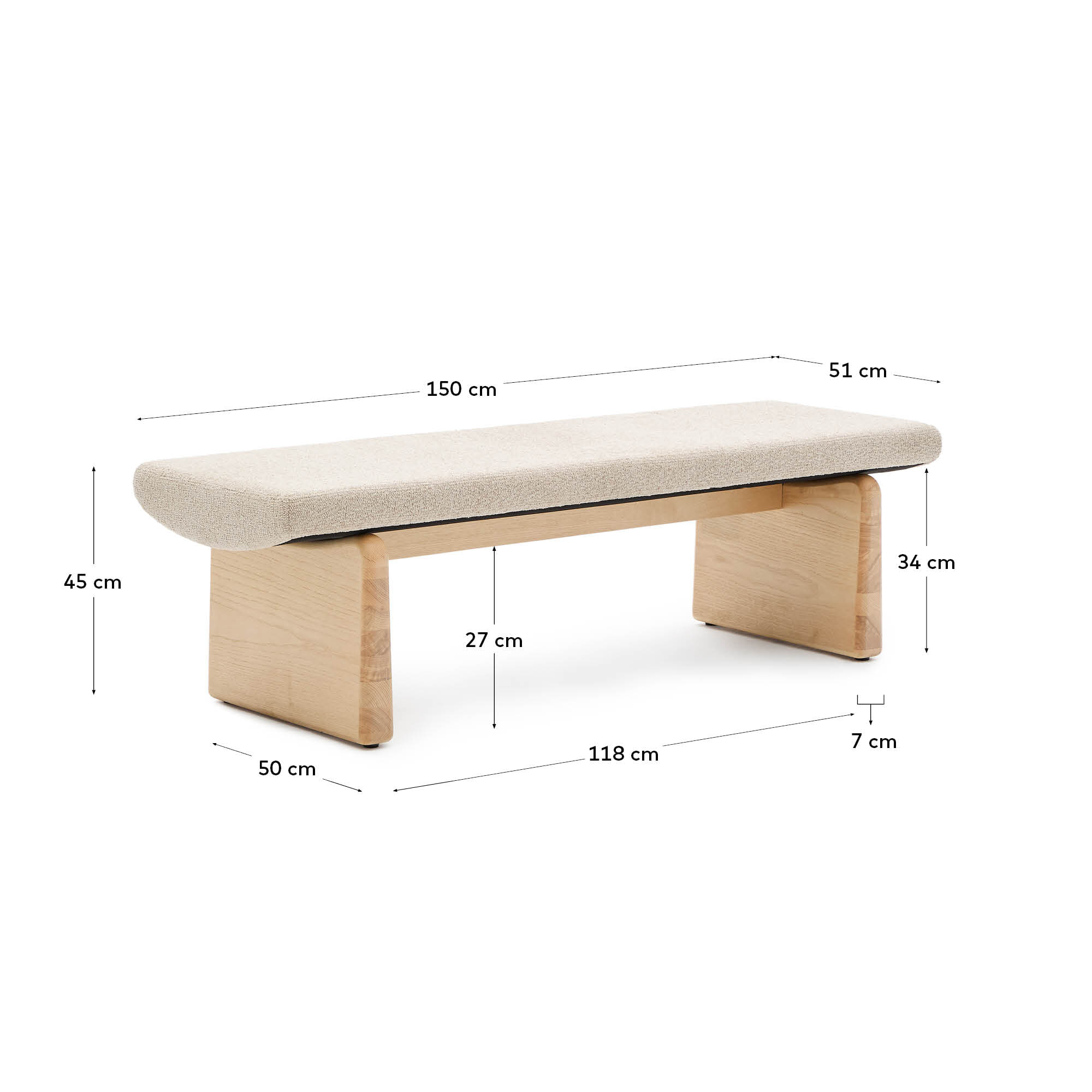 Kave Home Bankje 'Topaz' Chenille en essenhout, 150cm, kleur Naturel