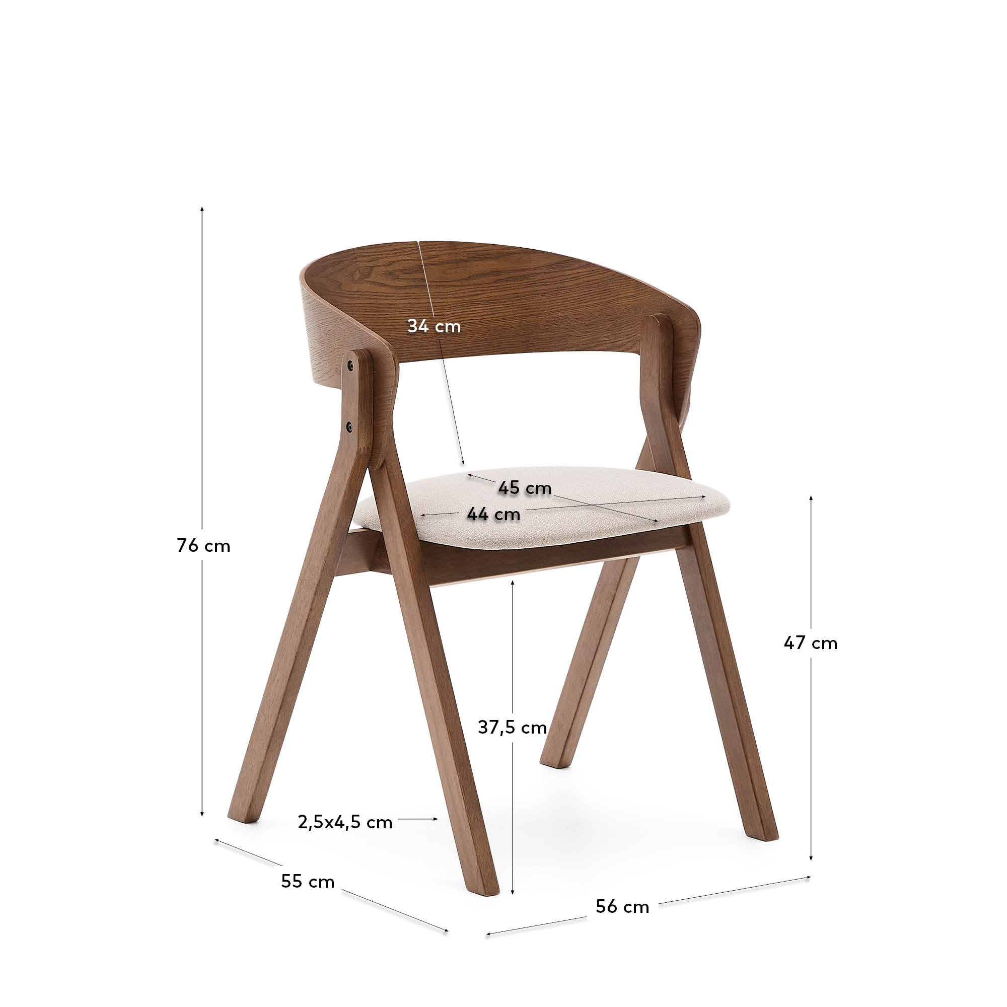 Kave Home Eetkamerstoel 'Godia' Chenille en hout, kleur Beige/Wengé