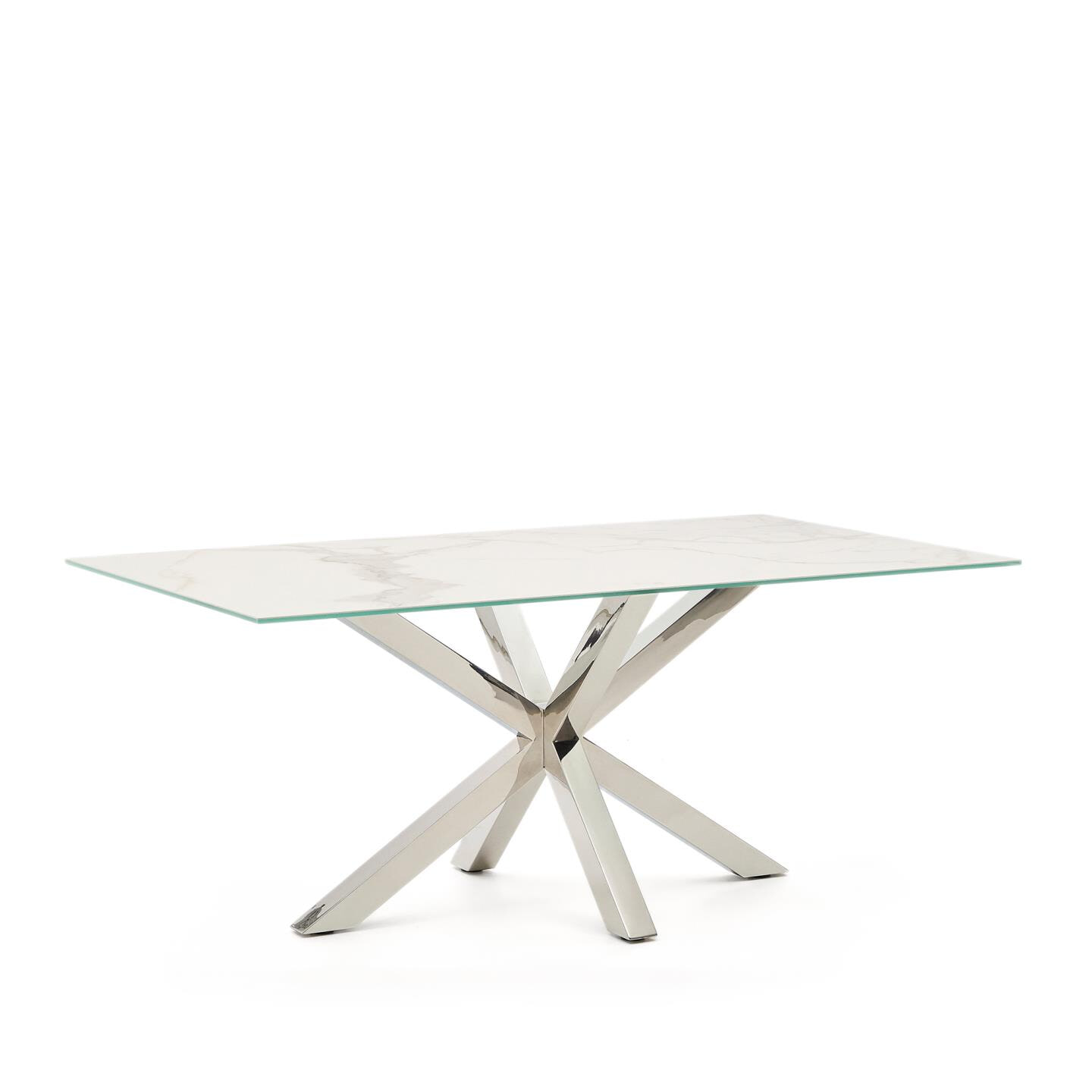 Kave Home Argo tafel afgewerkt in Kalos wit porselein en roestvrijstalen poten 180 x 100 cm