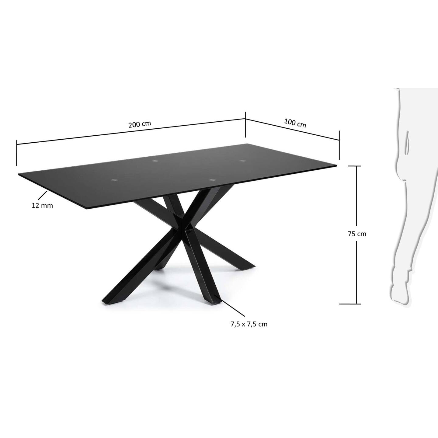 Kave Home Eettafel 'Argo' Glas, 200 x 100cm, kleur Mat Zwart