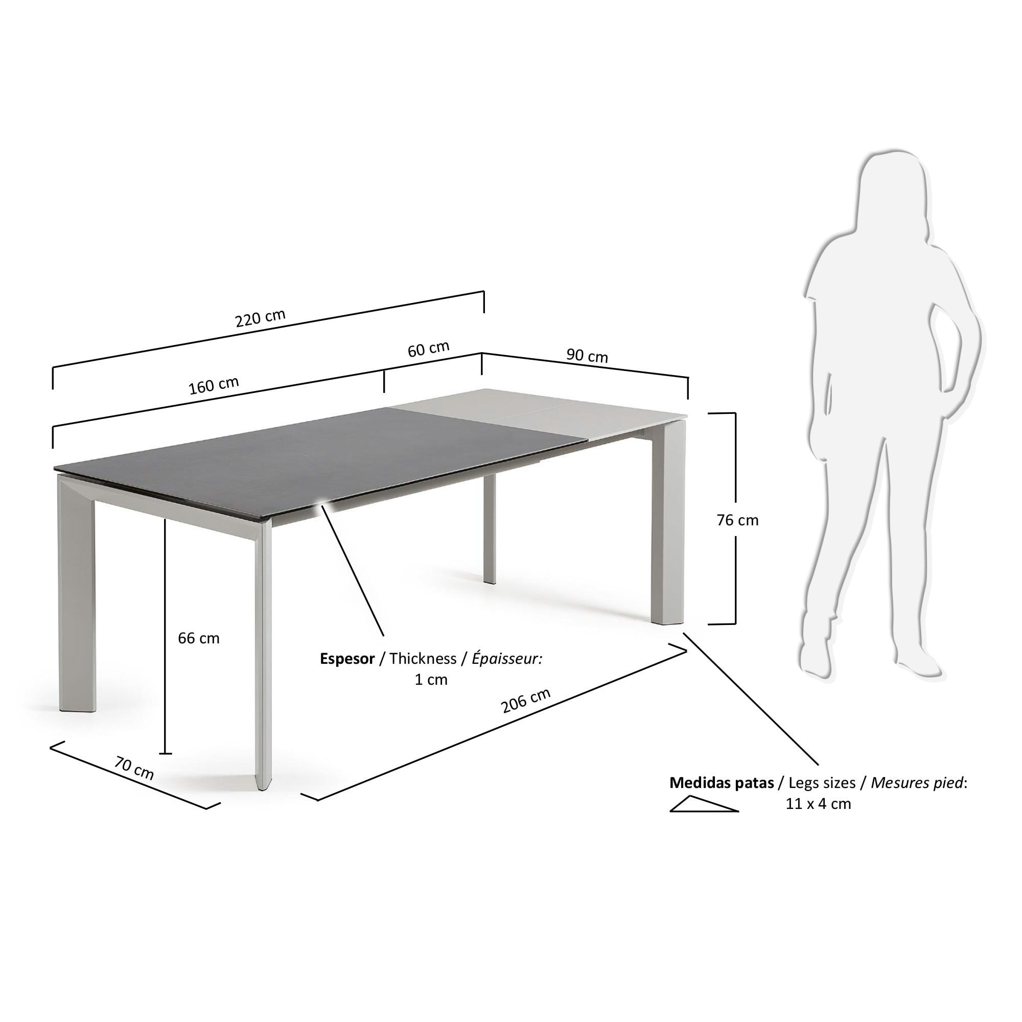 Kave Home Uitschuifbare Eettafel 'Axis' 160 - 220 x 90cm, kleur Grijs