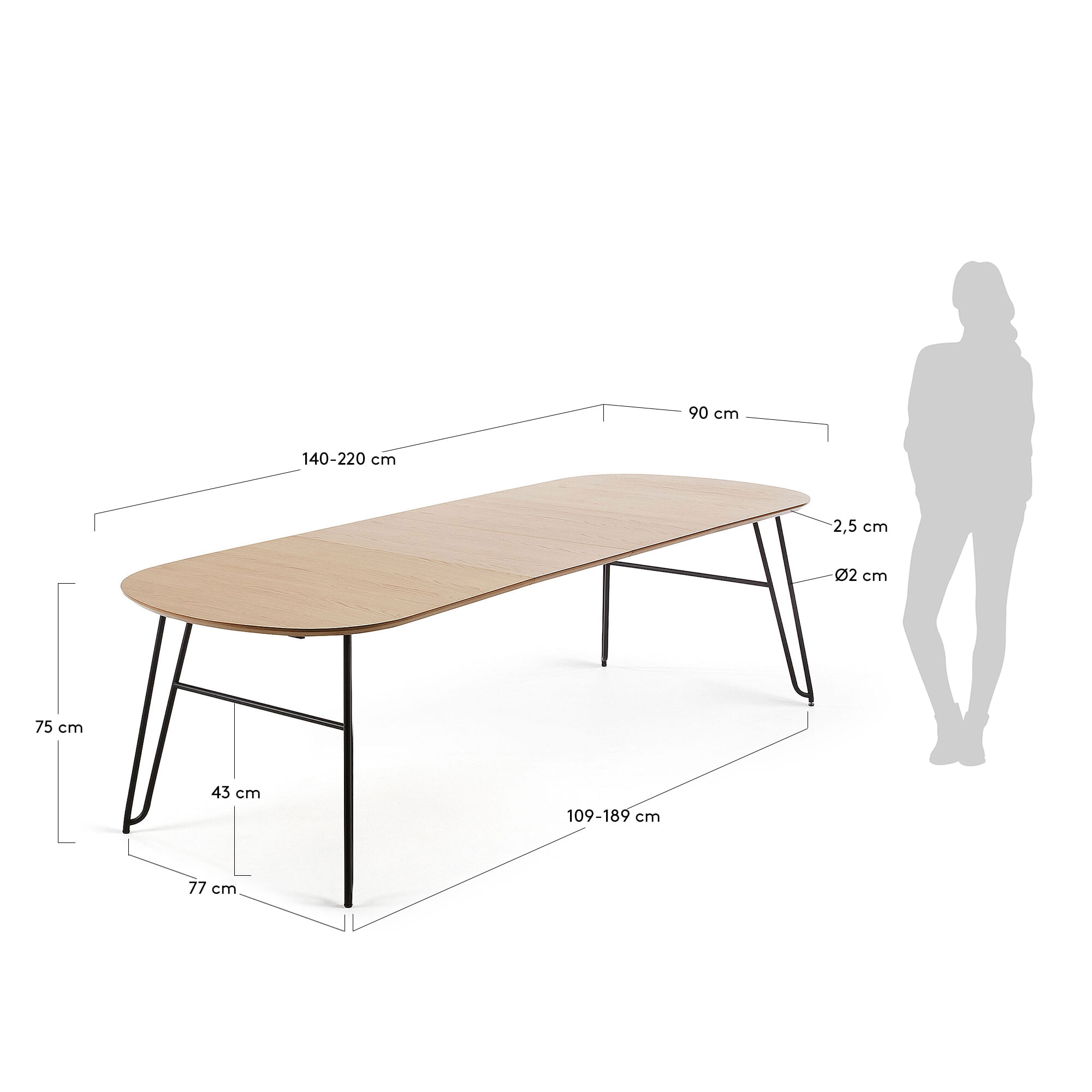 Kave Home Uitschuifbare Ovale Eettafel 'Novac' 140 - 220 x 90cm