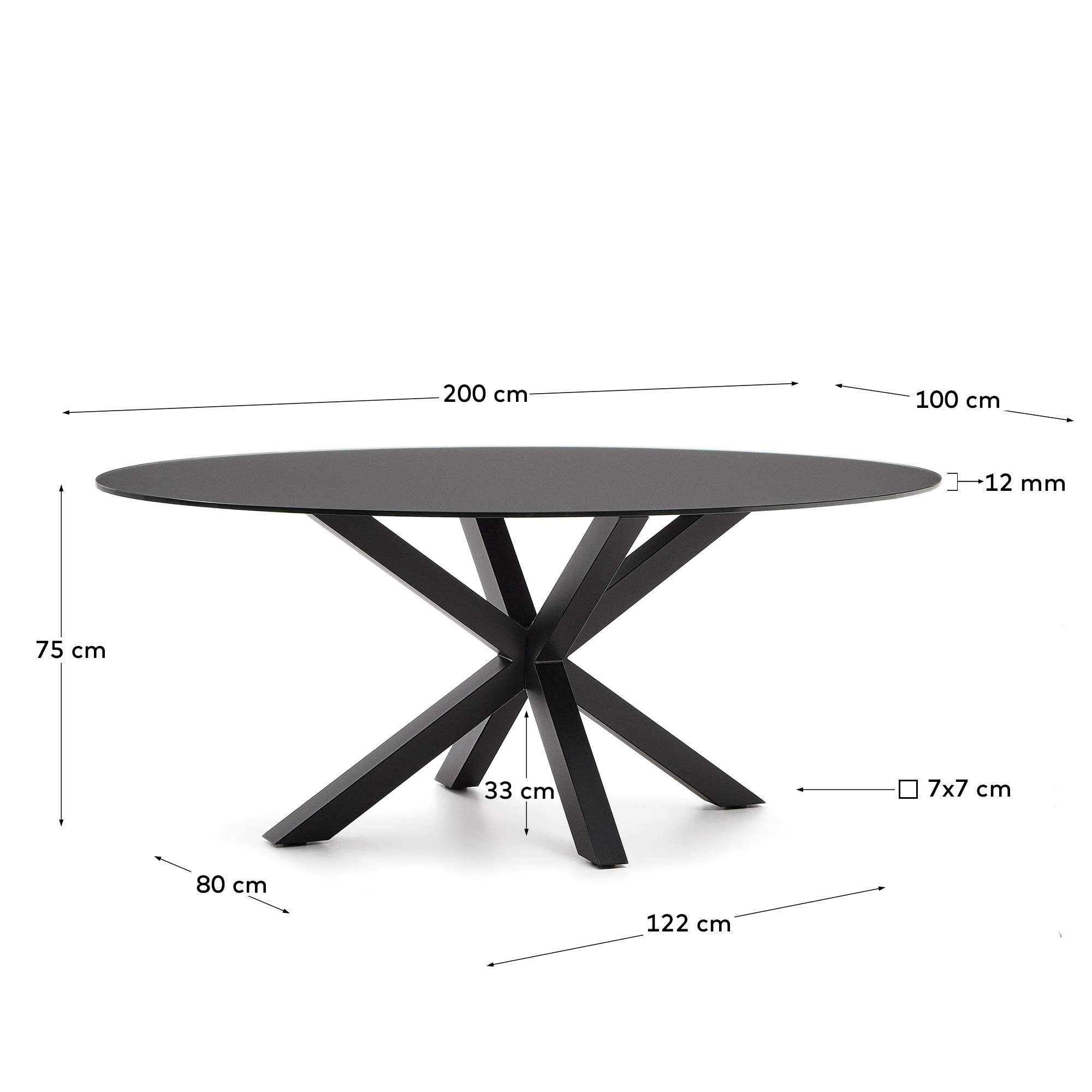 Kave Home Ovale Eettafel 'Argo' Glas, 200 x 100cm, kleur Zwart