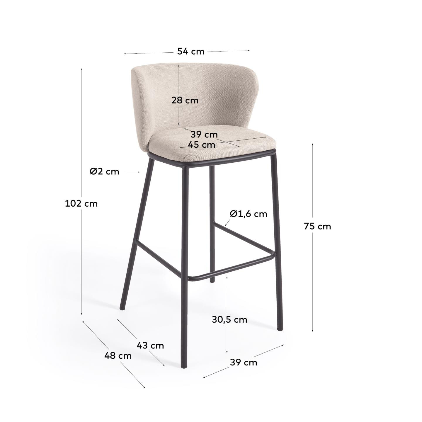 Kave Home Barkruk 'Ciselia' Chenille, kleur Beige (zithoogte 75cm)