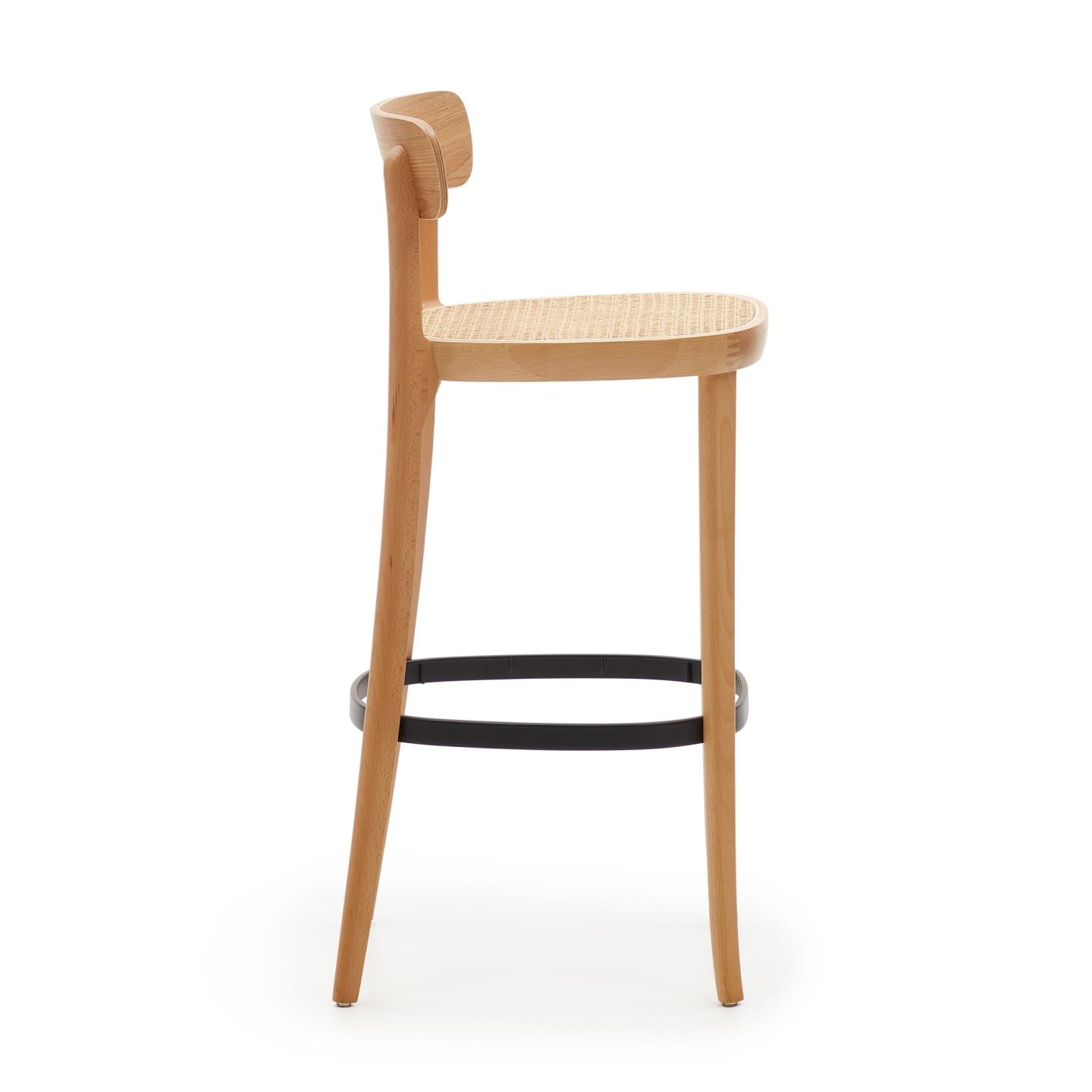 Kave Home Barkruk 'Romane' Beukenhout en rotan, kleur Naturel (zithoogte 75cm)