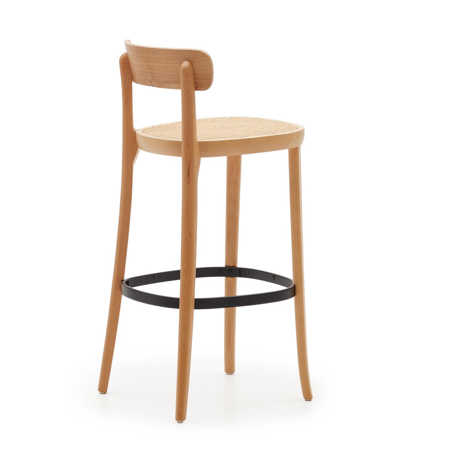 Kave Home Barkruk 'Romane' Beukenhout en rotan, kleur Naturel (zithoogte 75cm)