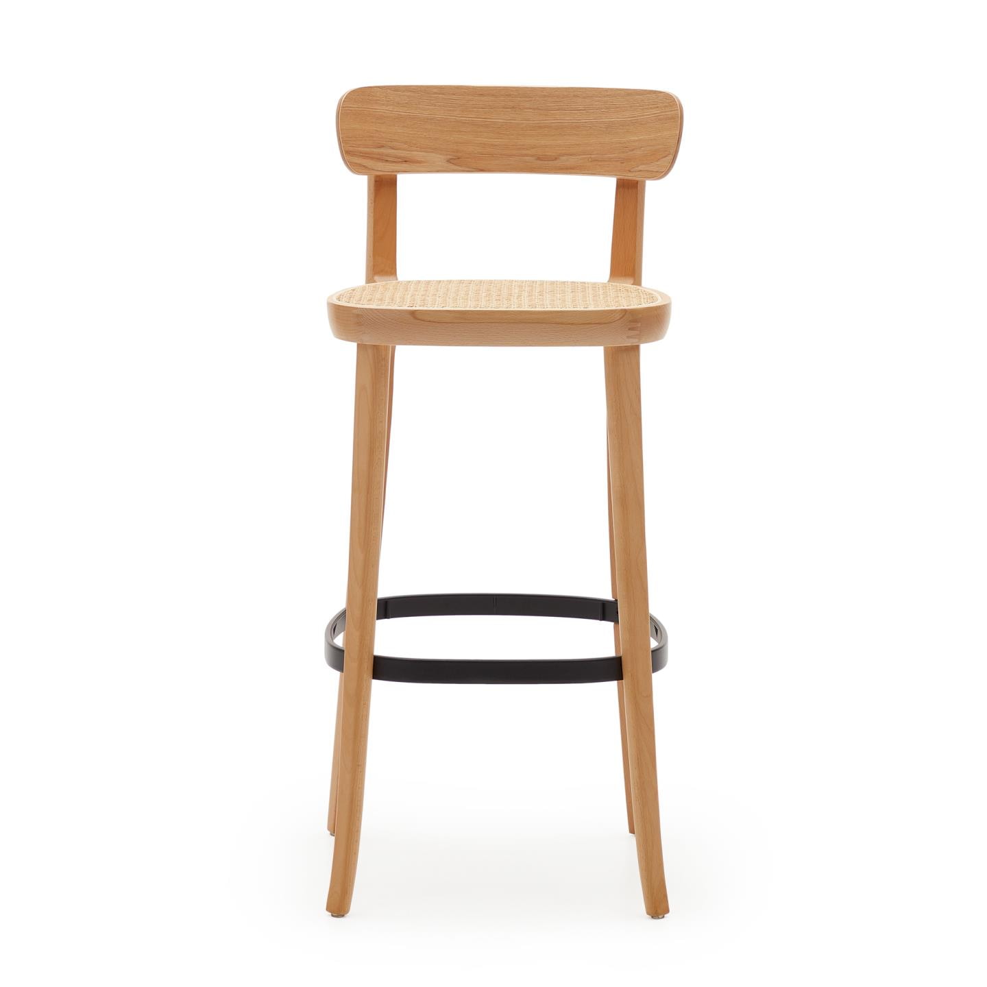 Kave Home Barkruk 'Romane' Beukenhout en rotan, kleur Naturel (zithoogte 75cm)