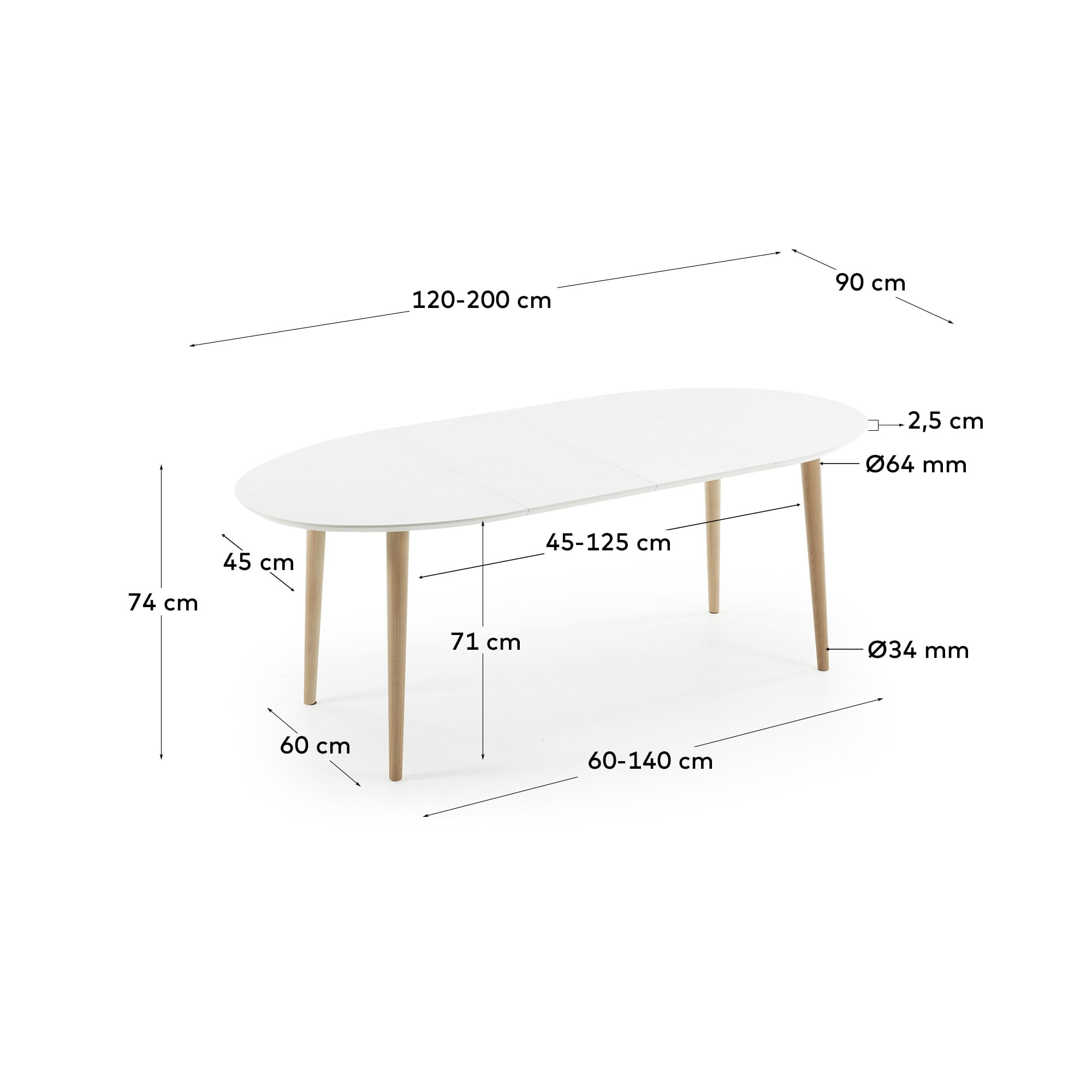 Kave Home Uitschuifbare Ovale Eettafel 'Oqui' 120 - 200 x 90cm, kleur Wit