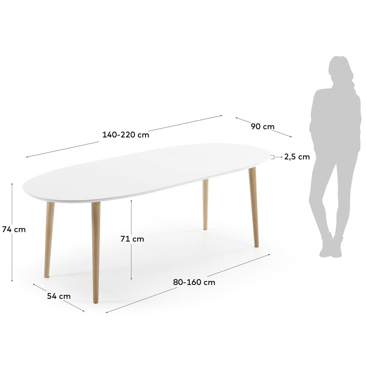 Kave Home Uitschuifbare Ovale Eettafel 'Oqui' 140 - 220 x 90cm, kleur Wit