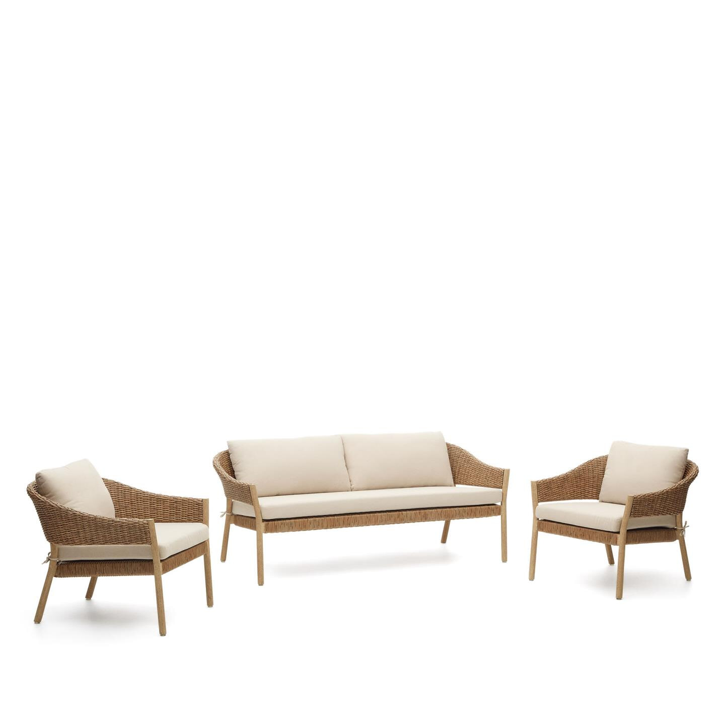 Kave Home Loungeset Pola Eucalyptushout en rattan, Met 2-zits Bank en 2 fauteuils - Beige
