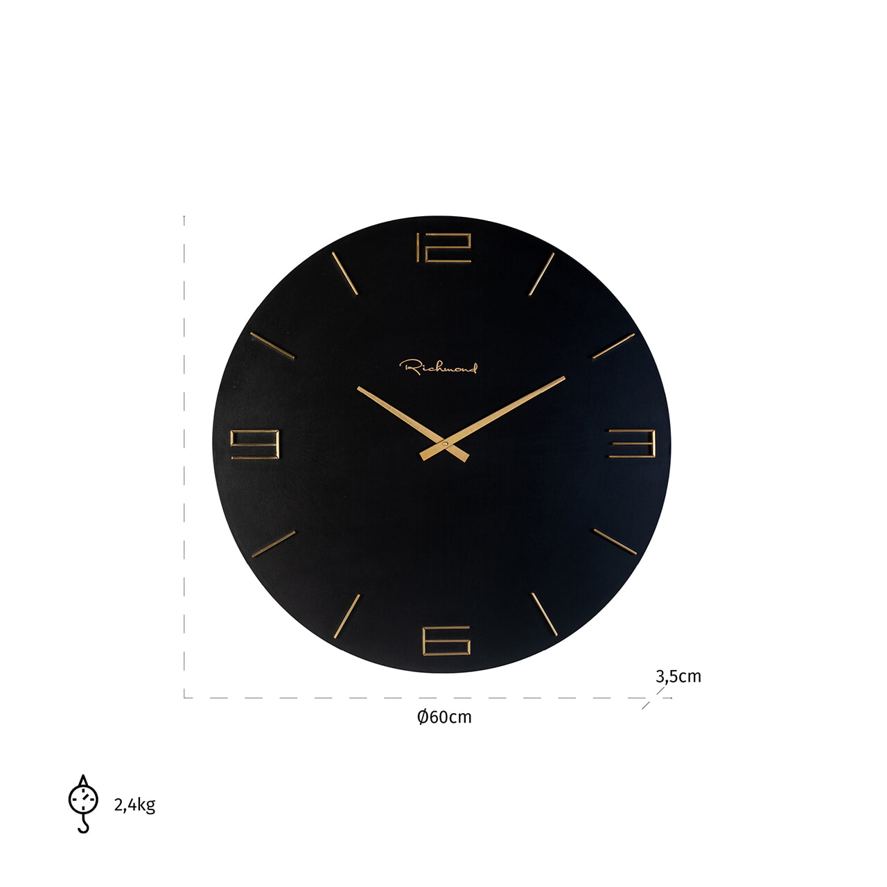 Richmond Klok 'Byram' 60cm, kleur Zwart/Brass