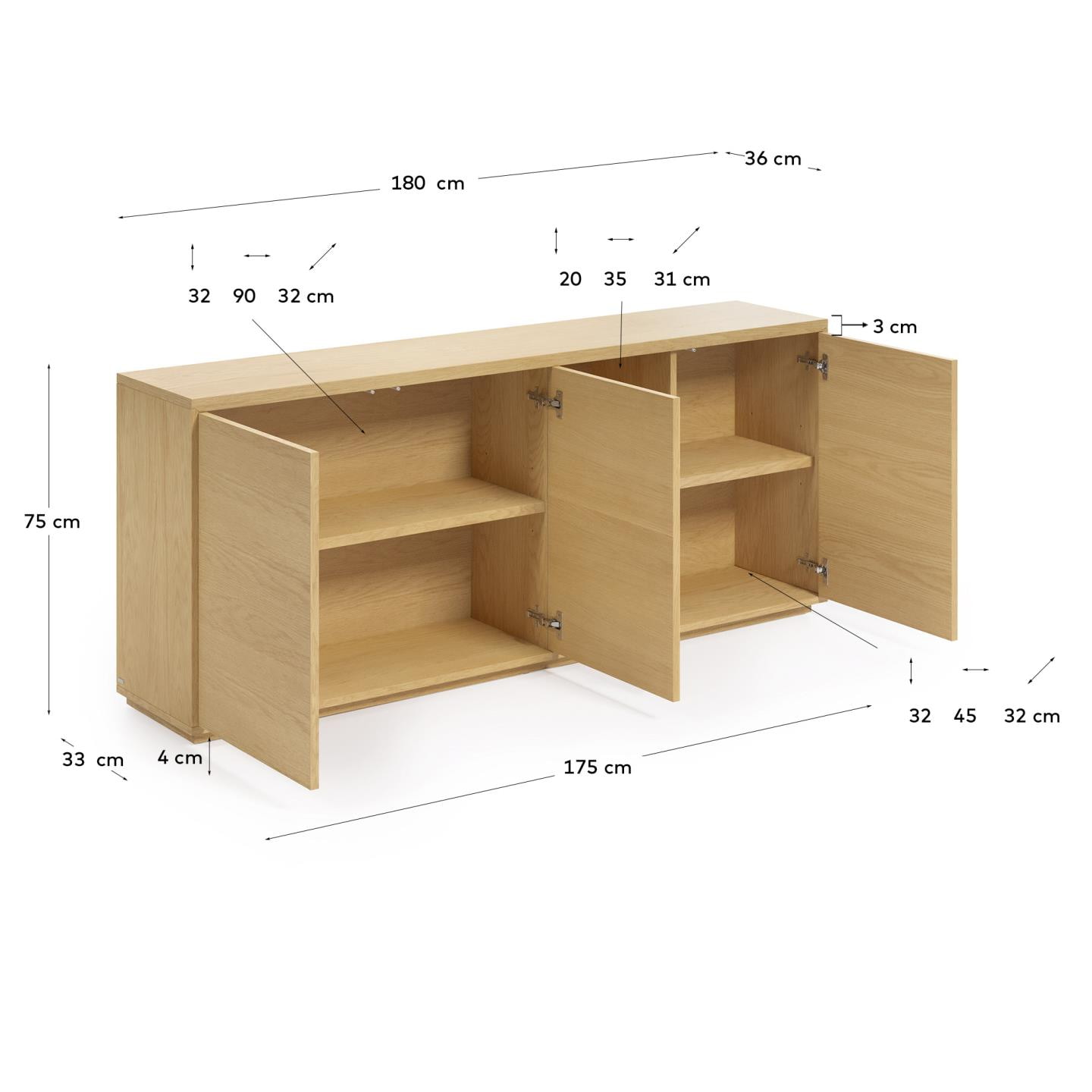 Kave Home Dressoir 'Abilen' Eiken, 180cm, kleur Naturel