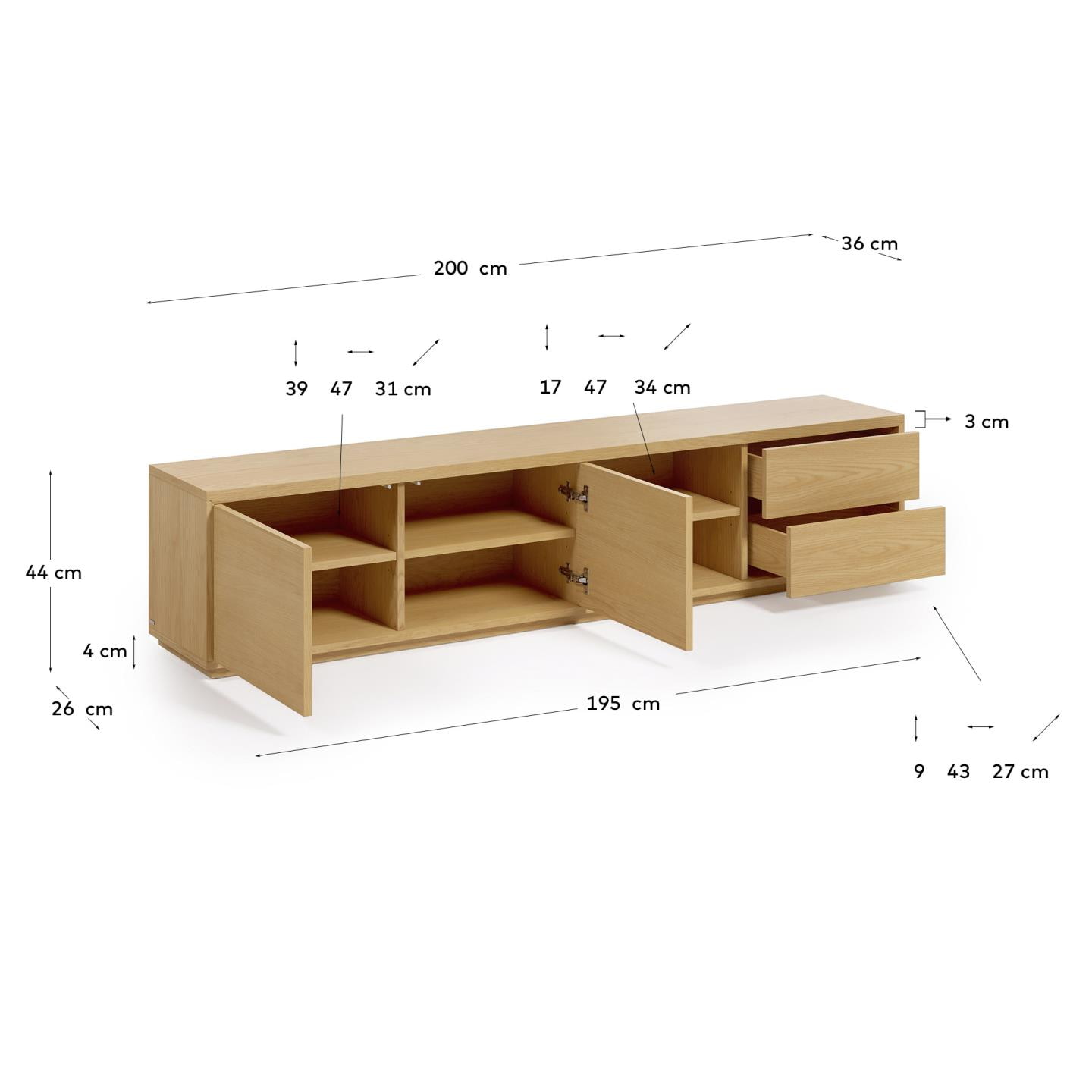 Kave Home TV-meubel 'Abilen' Eiken, 200cm, kleur Naturel