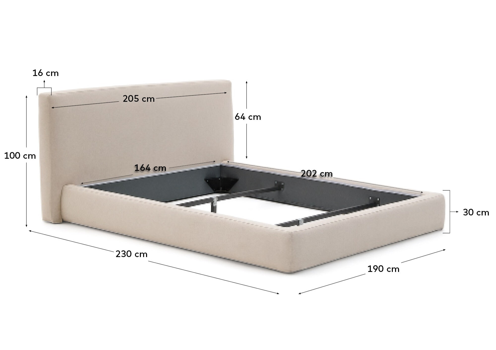 Kave Home Bed 'Blok' 160 x 200cm, kleur Ecru