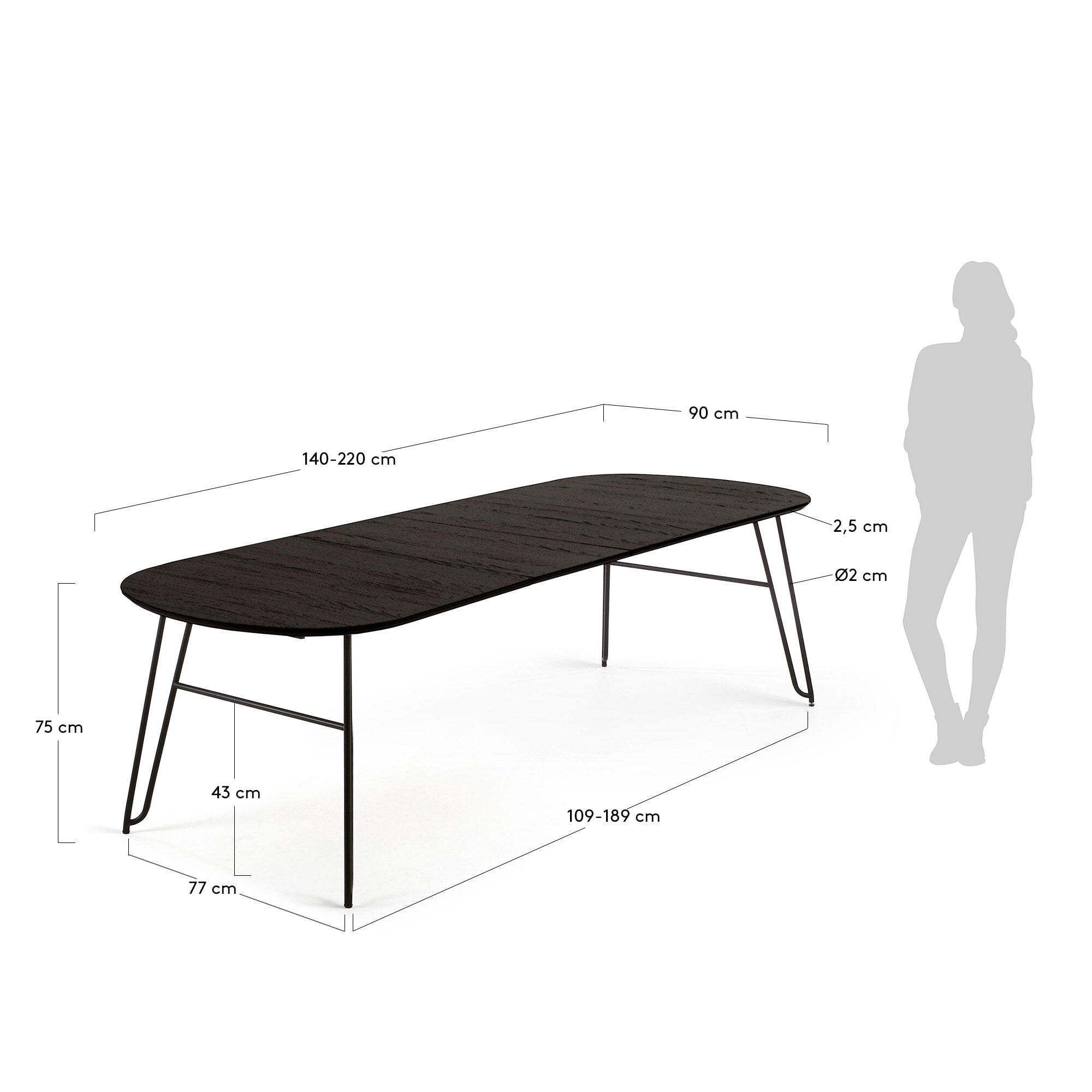 Kave Home Uitschuifbare Ovale Eettafel 'Milian' 140 - 220 x 90cm