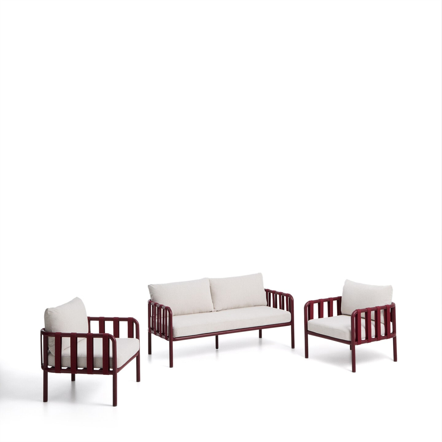 Kave Home Loungeset Omala Met 2-zitsbank en 2 fauteuils - Beige/Bordeauxrood