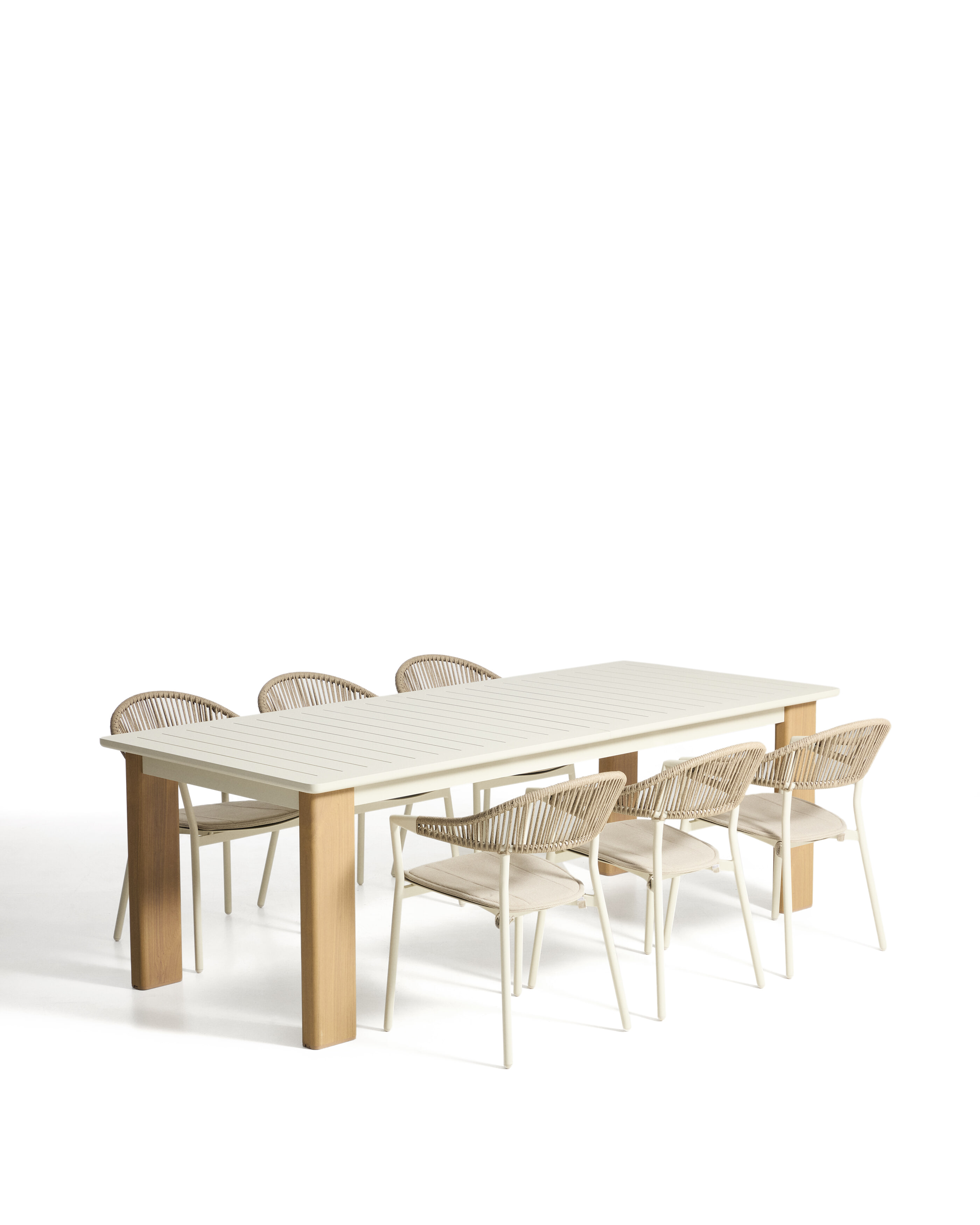Kave Home Tuinset Livorno Met Livorno uitschuifbare tuintafel en 6 Alimia stoelen, 233/350 x 100cm - Ecru/Beige