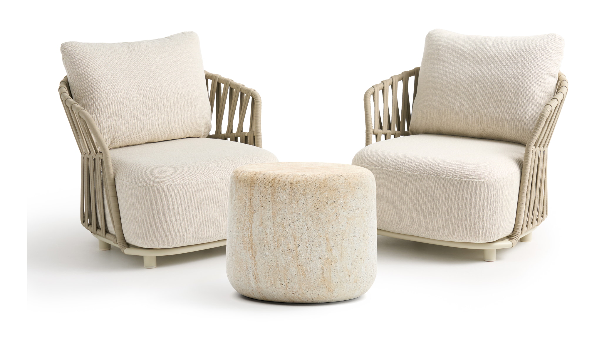 Kave Home Loungeset Osani Met 2 fauteuils en Dresi bijzettafel - Ecru