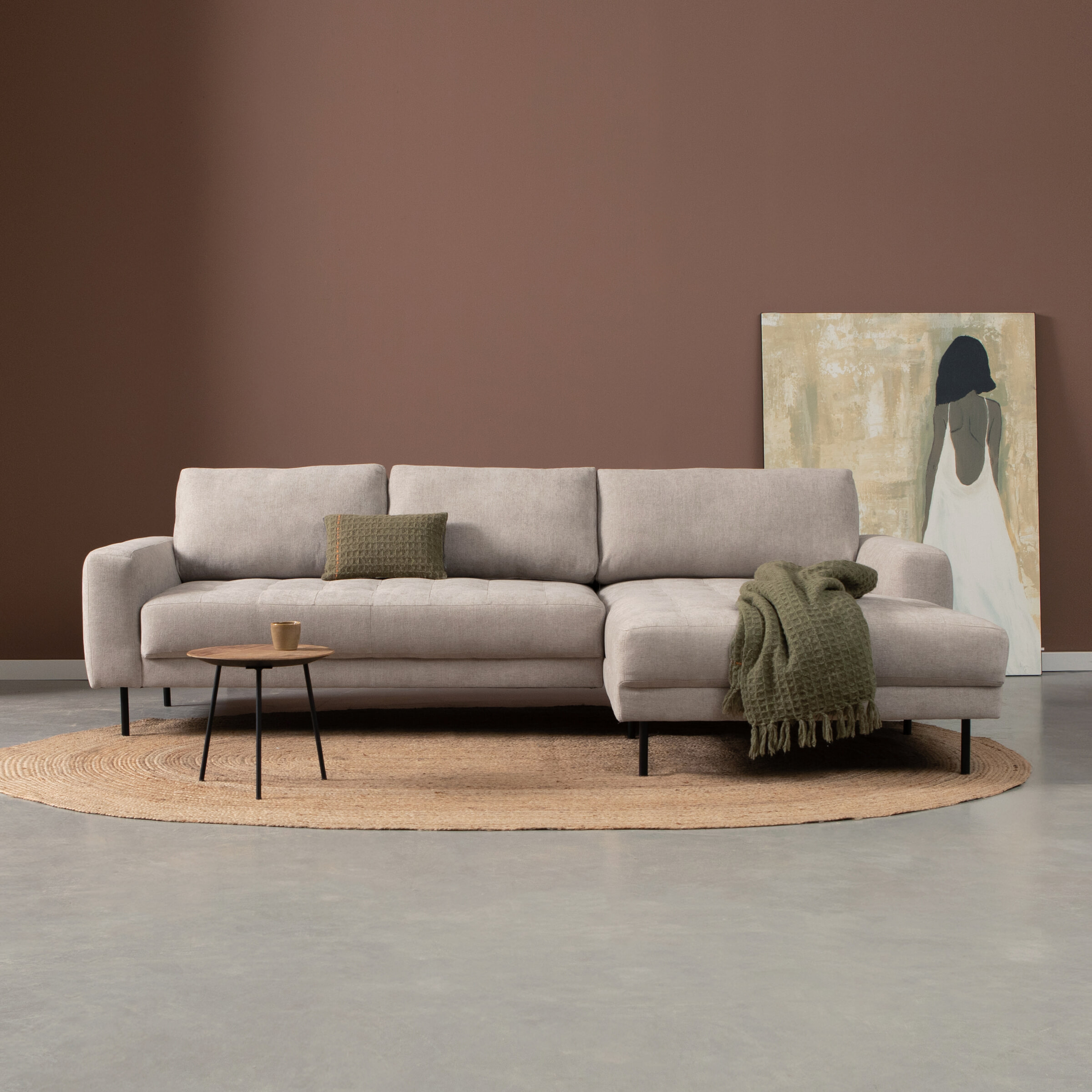 PEPP Interiors Loungebank 'Oreo' 275cm, met chaise longue rechts, Linnen look, kleur Beige