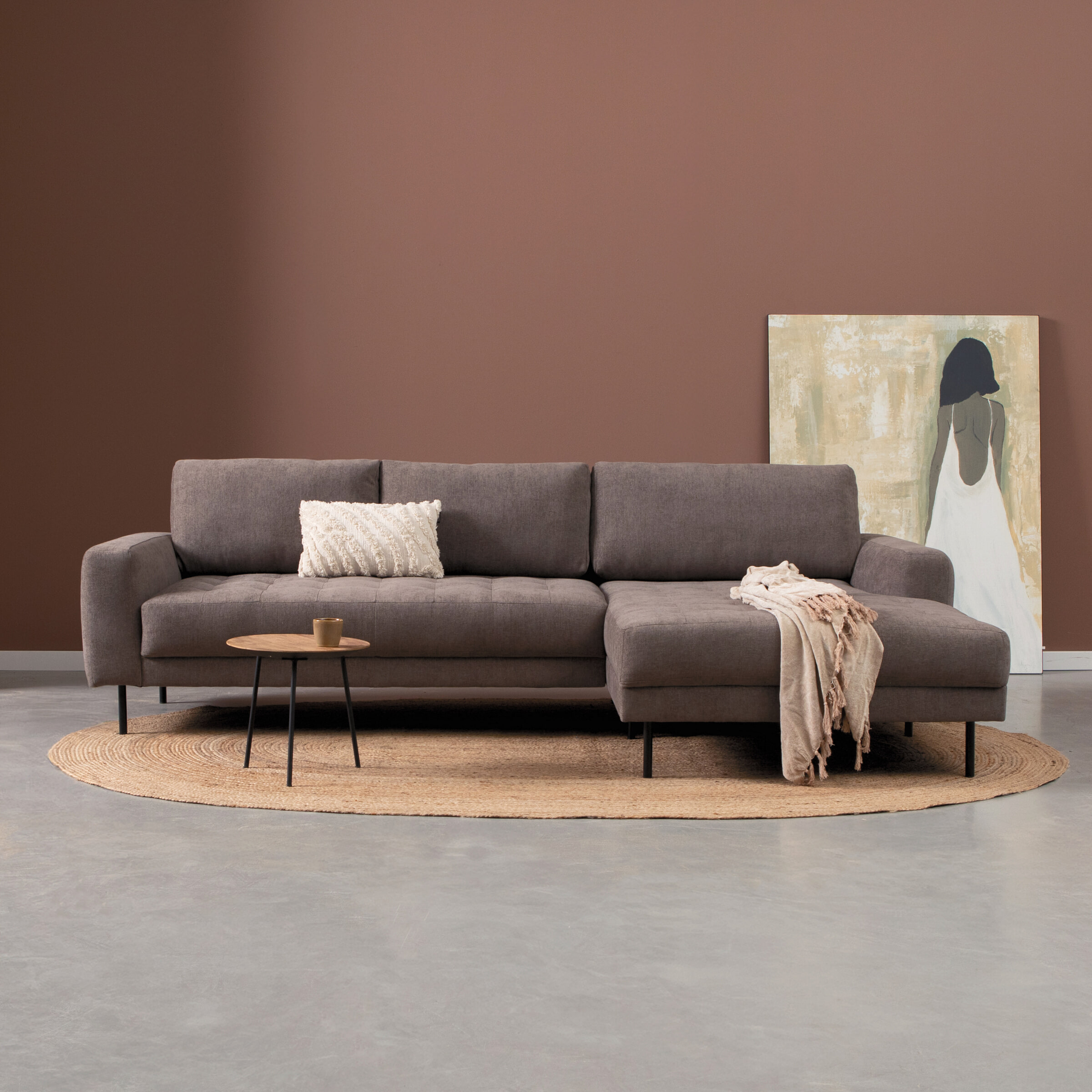 PEPP Interiors Loungebank 'Oreo' 275cm, met chaise longue rechts, Linnen look, kleur Bruin