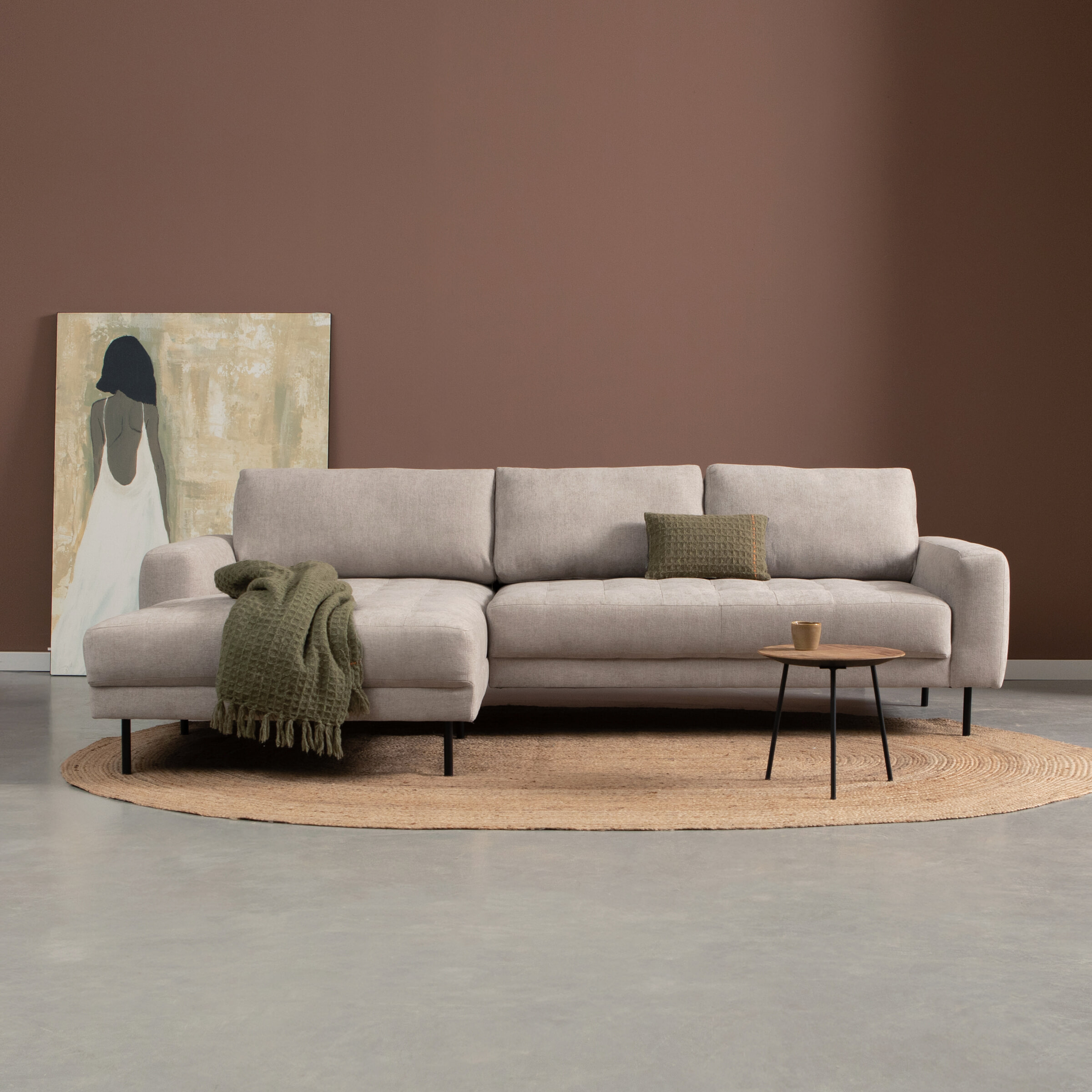 PEPP Interiors Loungebank 'Oreo' 275cm, met chaise longue links, Linnen look, kleur Beige