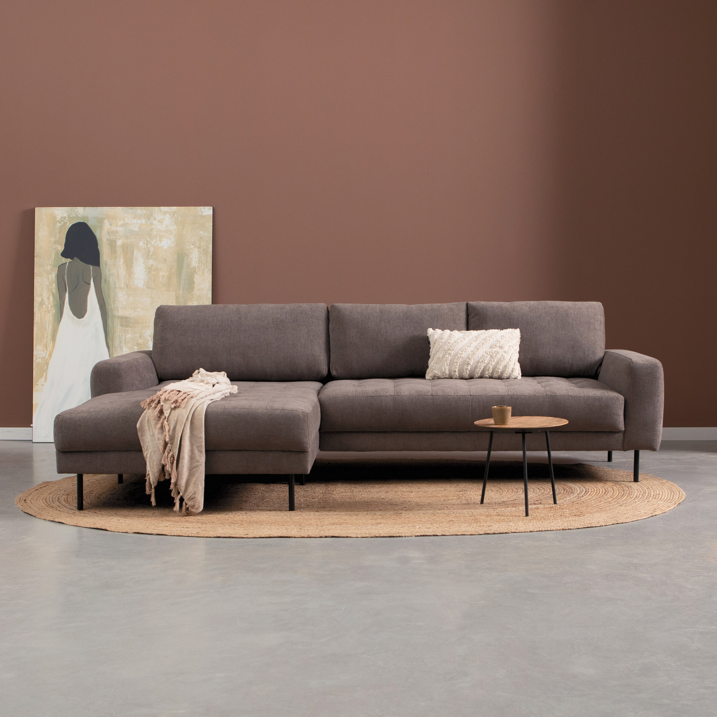 PEPP Interiors Loungebank 'Oreo' 275cm, met chaise longue links, Linnen look, kleur Bruin