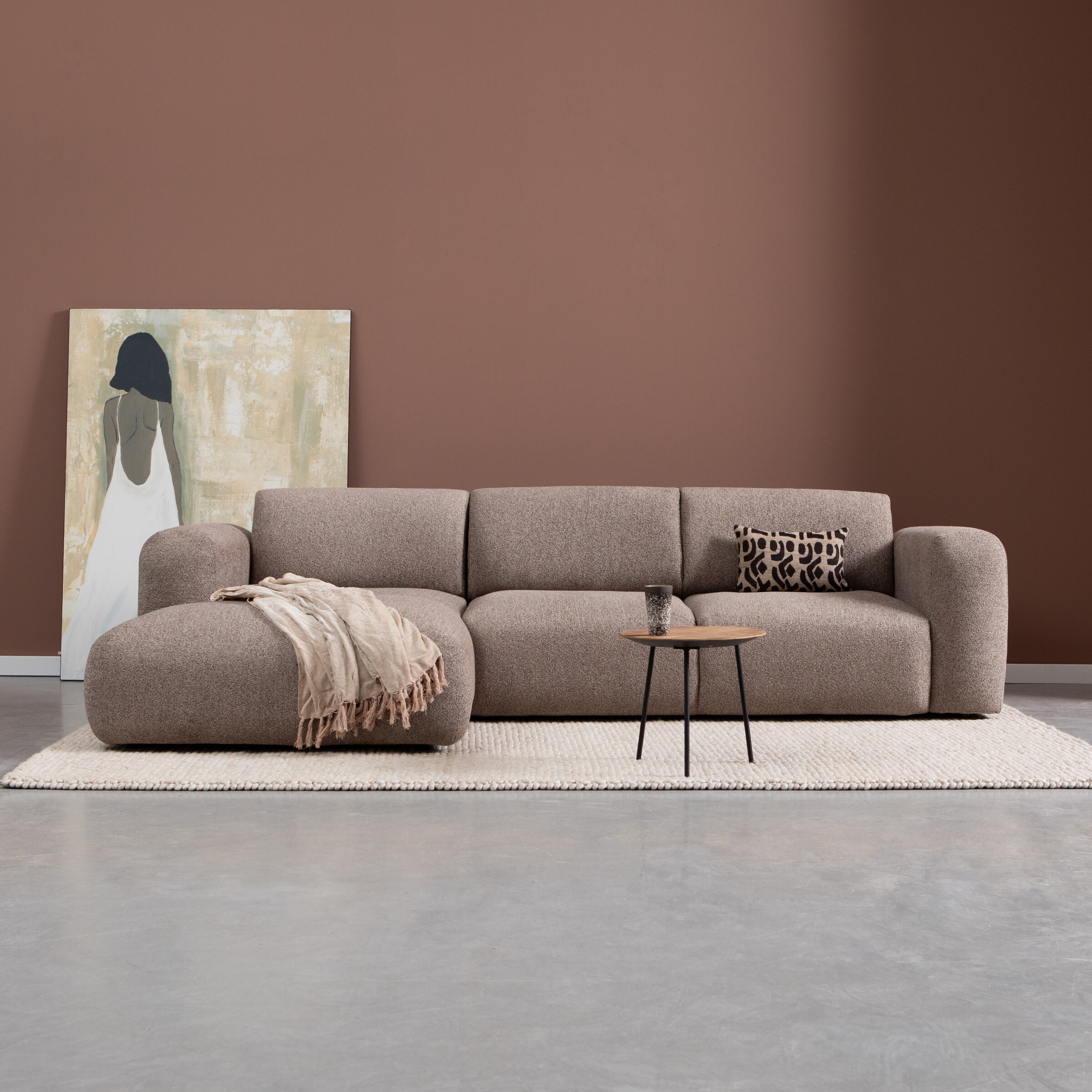 PEPP Interiors Loungebank 'Soul' 280cm, met chaise longue links, Chenille, kleur Bruin