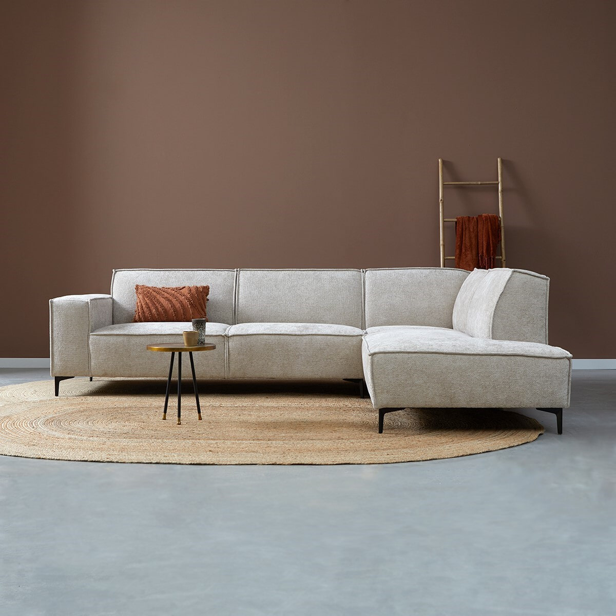 PEPP Interiors Hoekbank 'River' 290cm, met ottoman rechts, Chenille, kleur Naturel