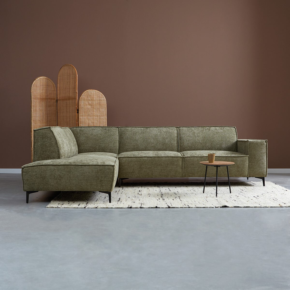 PEPP Interiors Hoekbank 'River' 290cm, met ottoman links, Chenille, kleur Groen