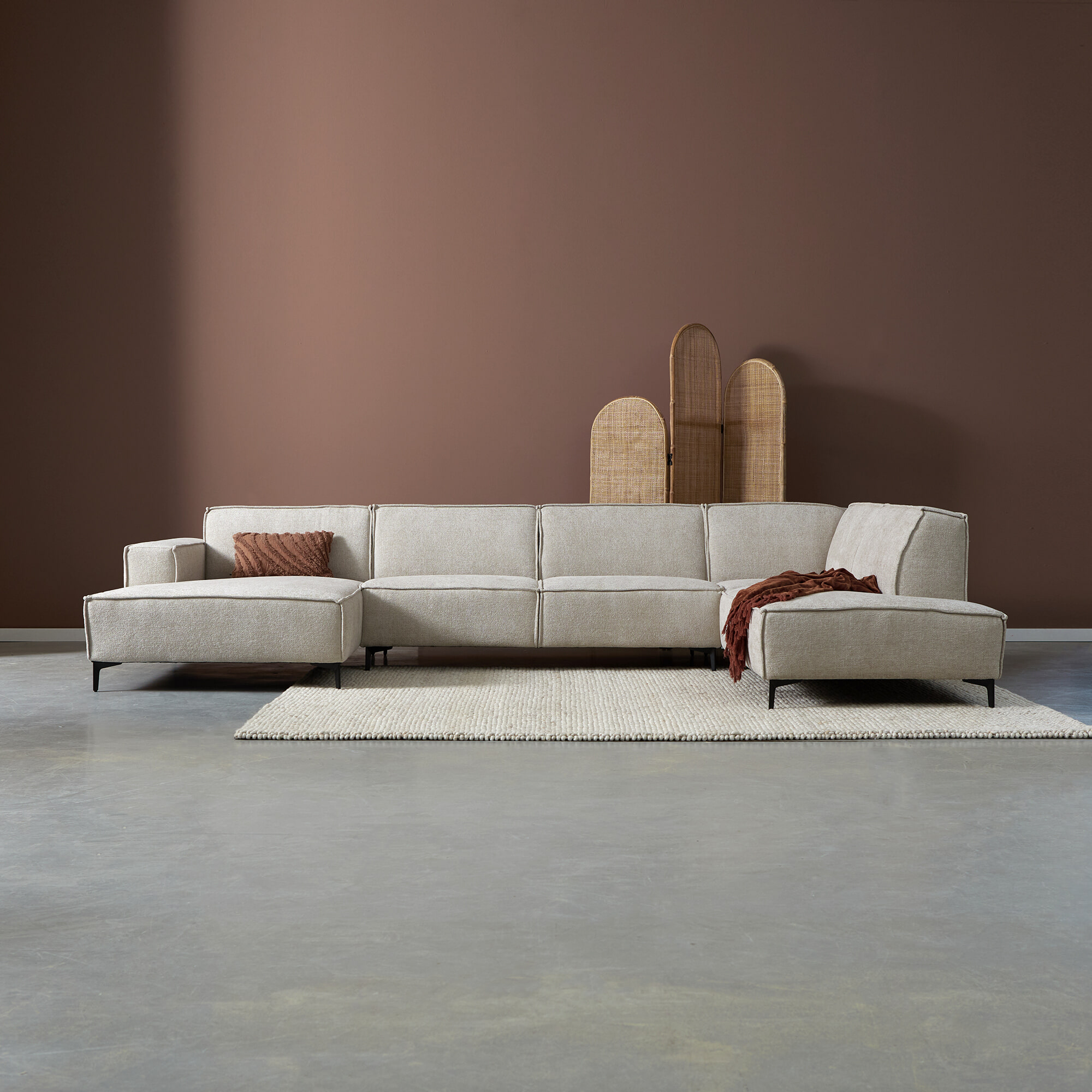 PEPP Interiors Bank 'River' 368cm, U-opstelling links, Chenille, kleur Naturel