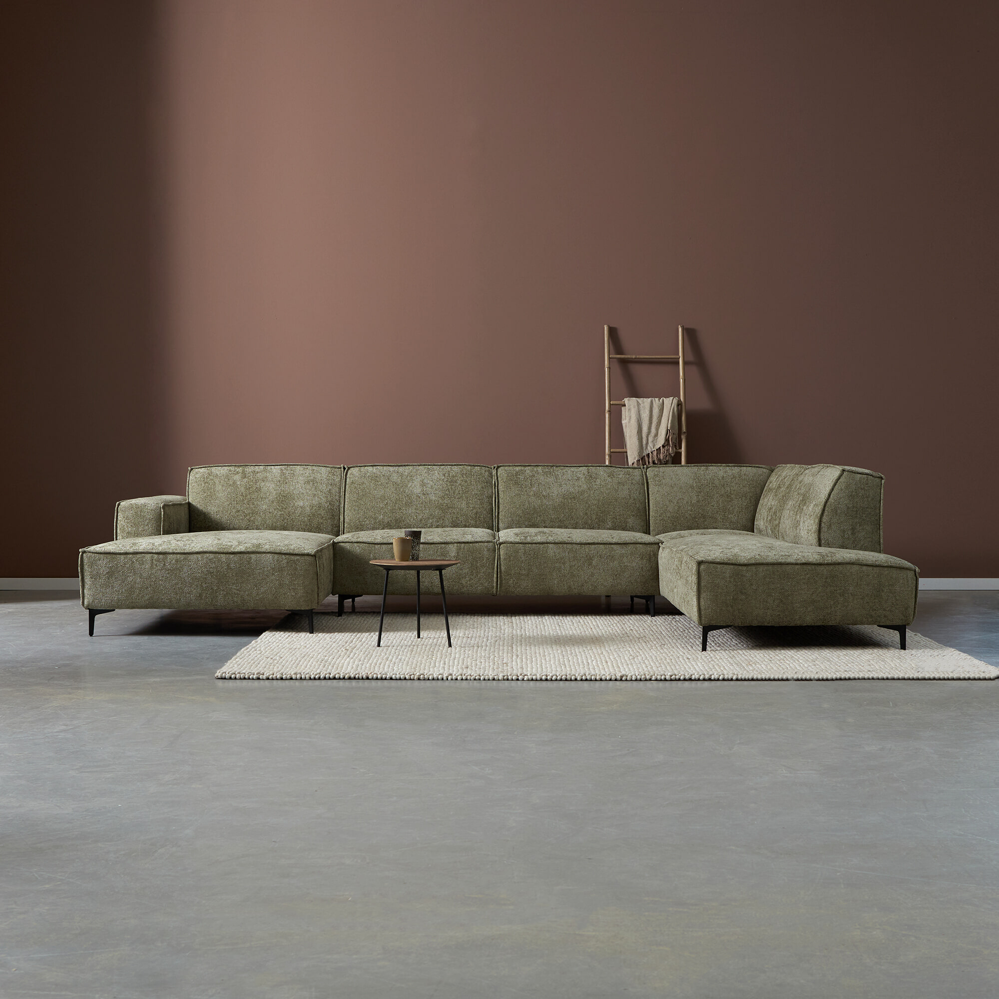 PEPP Interiors Bank 'River' 368cm, U-opstelling links, Chenille, kleur Groen