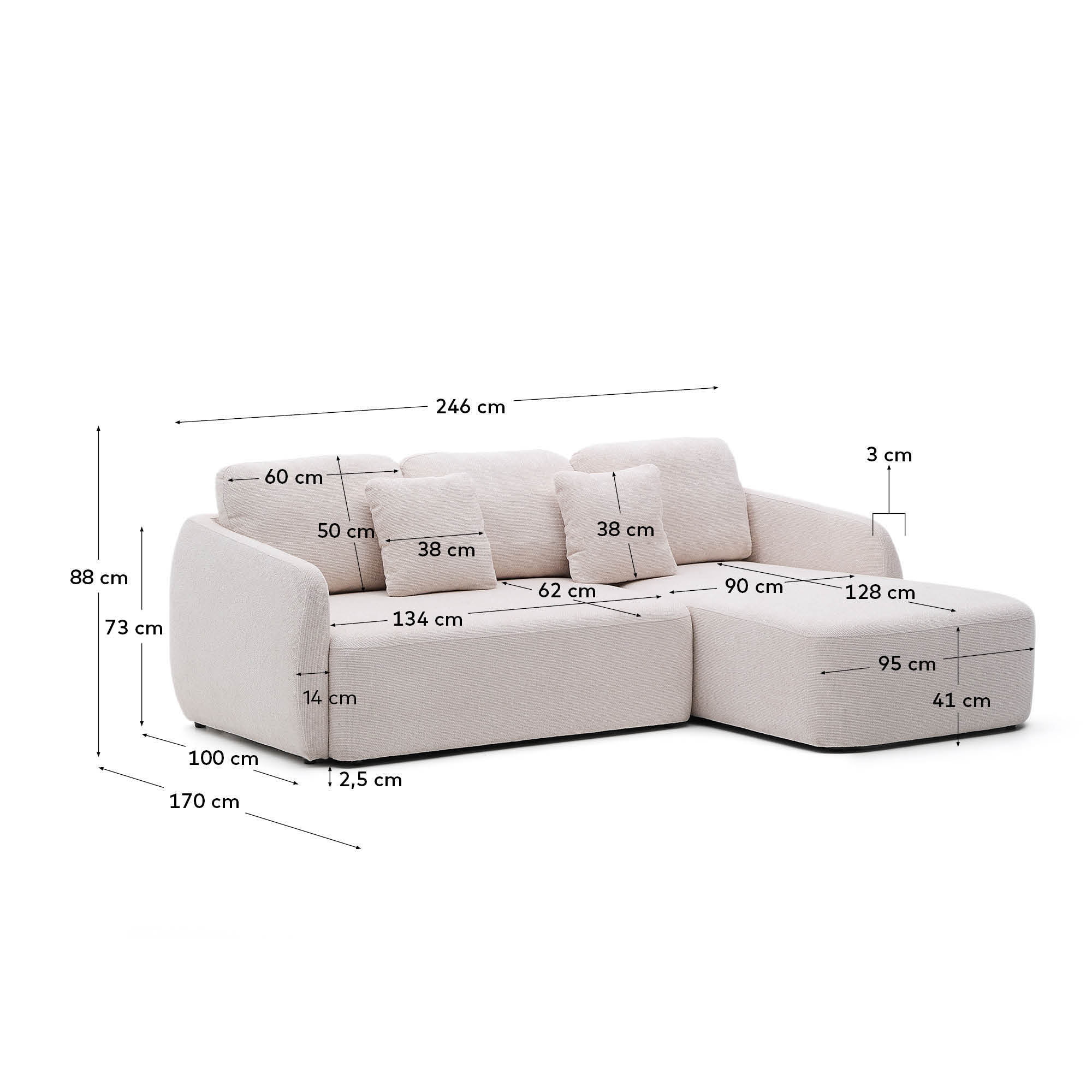Kave Home 3-zits Lounge Slaapbank 'Laira' Rechts, Chenille, kleur Beige