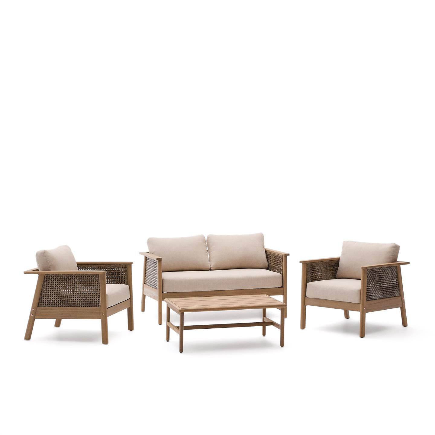 Kave Home Loungeset Alabe Acaciahout en rattan, Met 2-zits bank, 2 fauteuils en salontafel