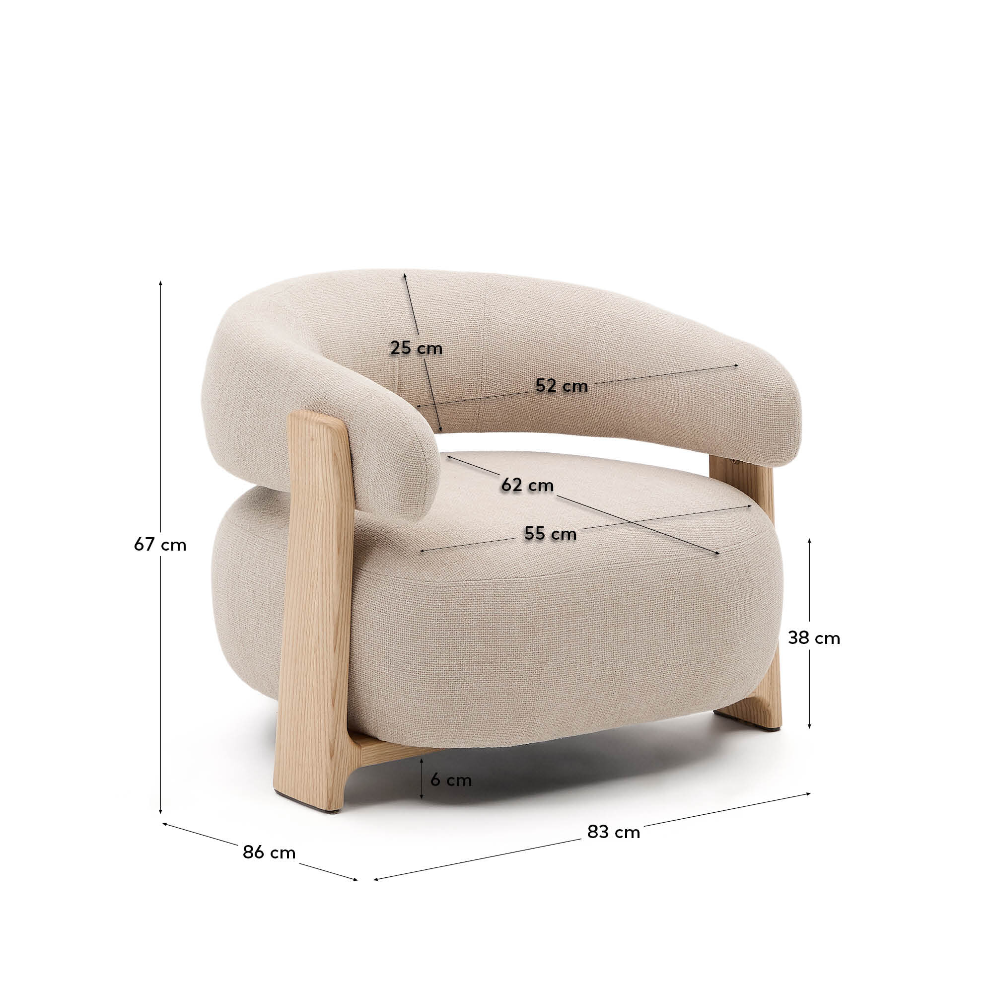 Kave Home Fauteuil 'Granite' Chenille en essenhout, kleur Beige/Naturel