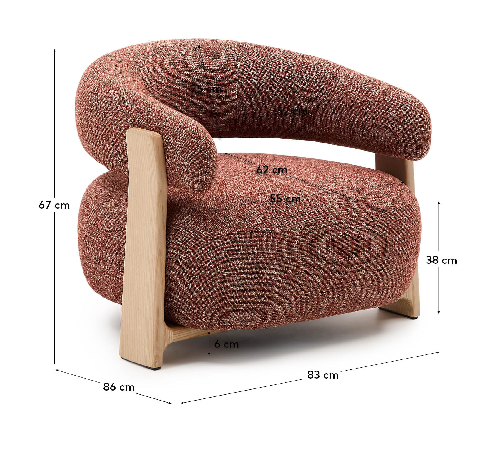 Kave Home Fauteuil 'Granite' Chenille en essenhout, kleur Terracotta