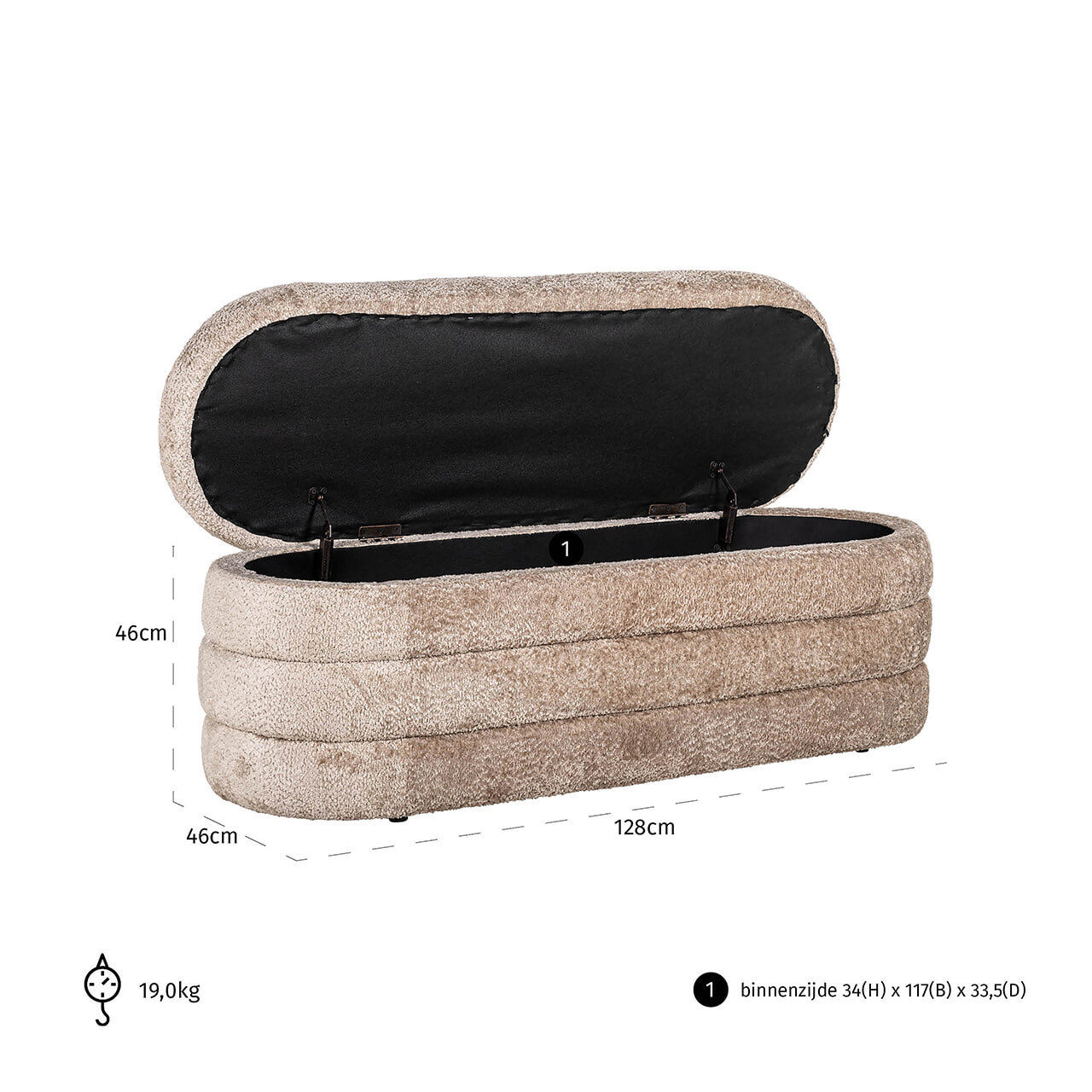 Richmond Hocker 'Camille' Met opbergruimte, 128cm, Sheep, kleur Naturel