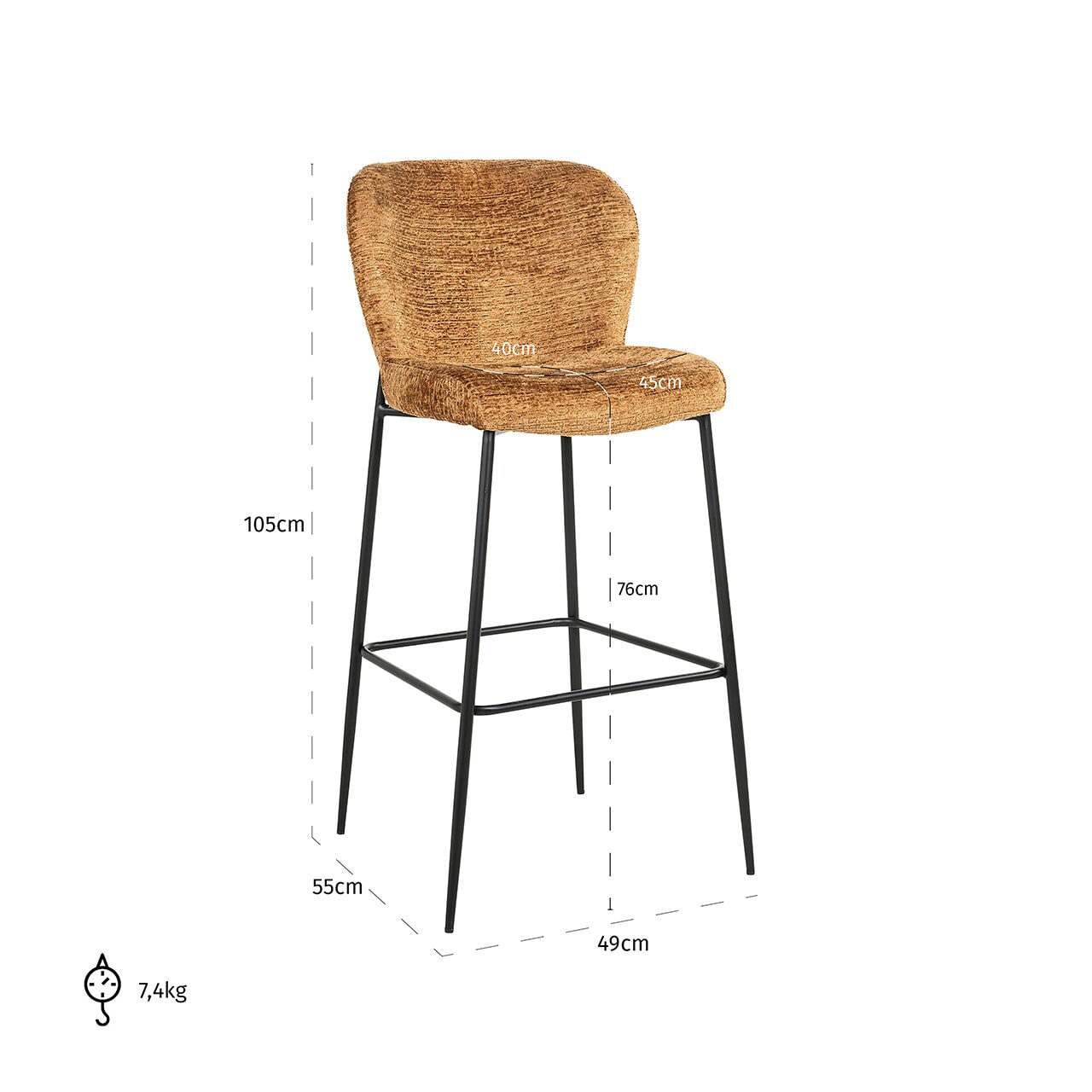 Richmond Barstoel 'Darby' Chenille, kleur Cognac (zithoogte 76cm)