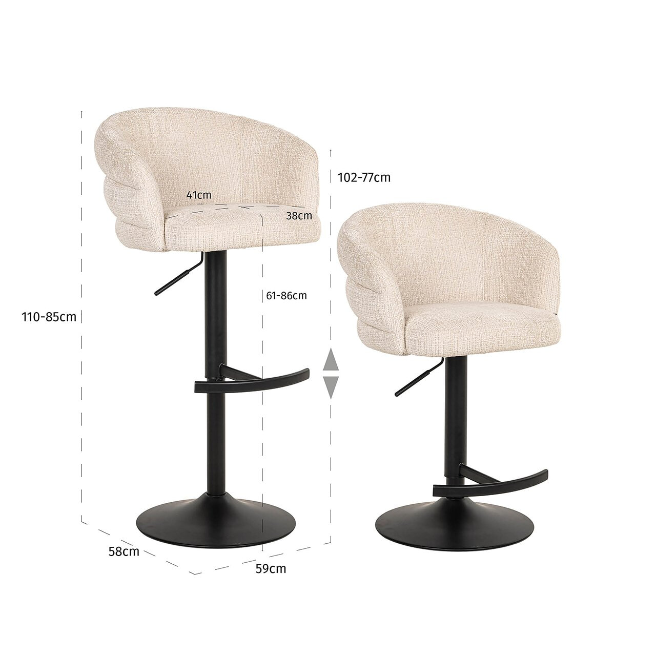 Richmond Draaibare Barstoel 'Nikki' Chenille, kleur Beige (zithoogte 61-86cm)